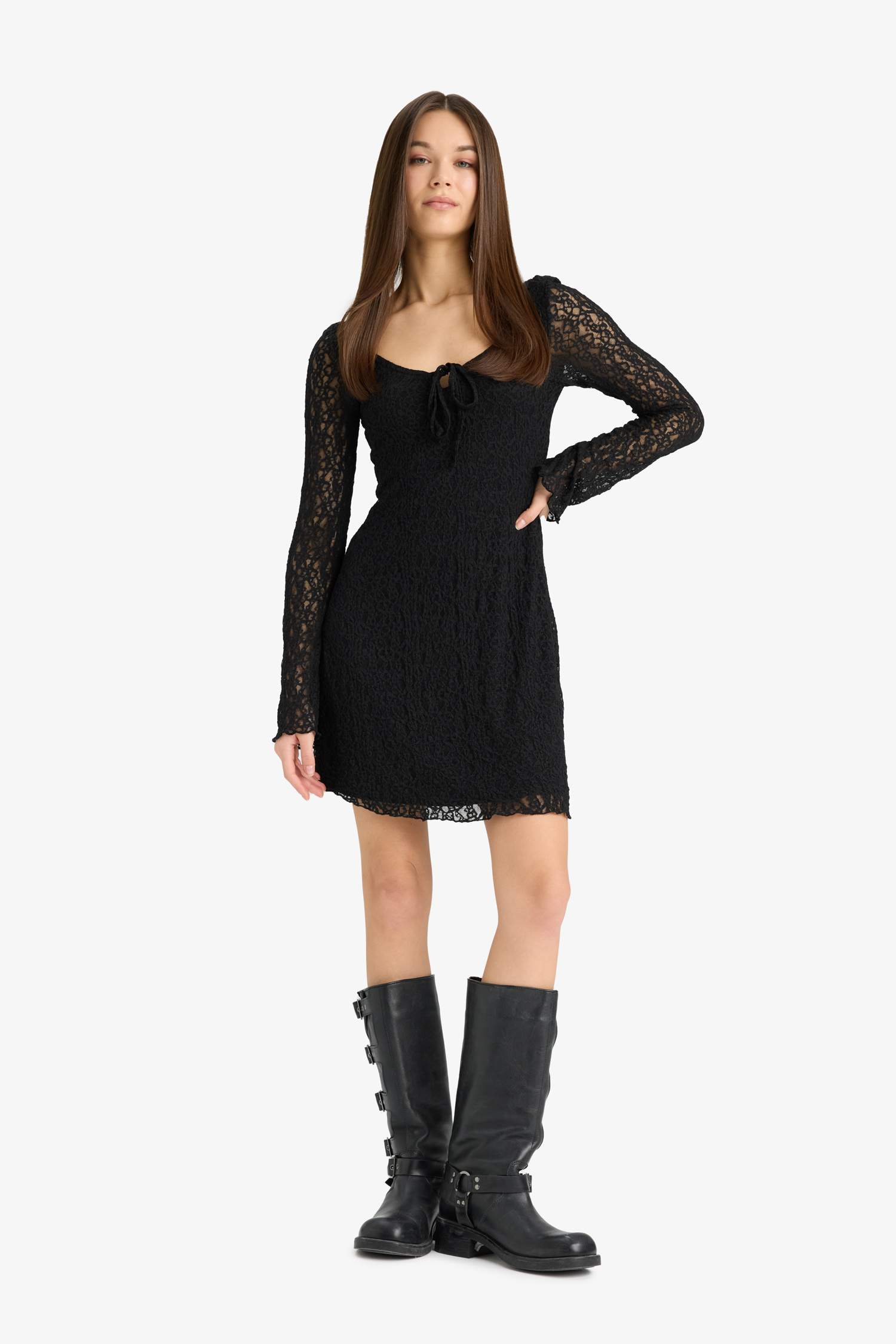 V Yaka Dantel Uzun Kollu Mini Elbise