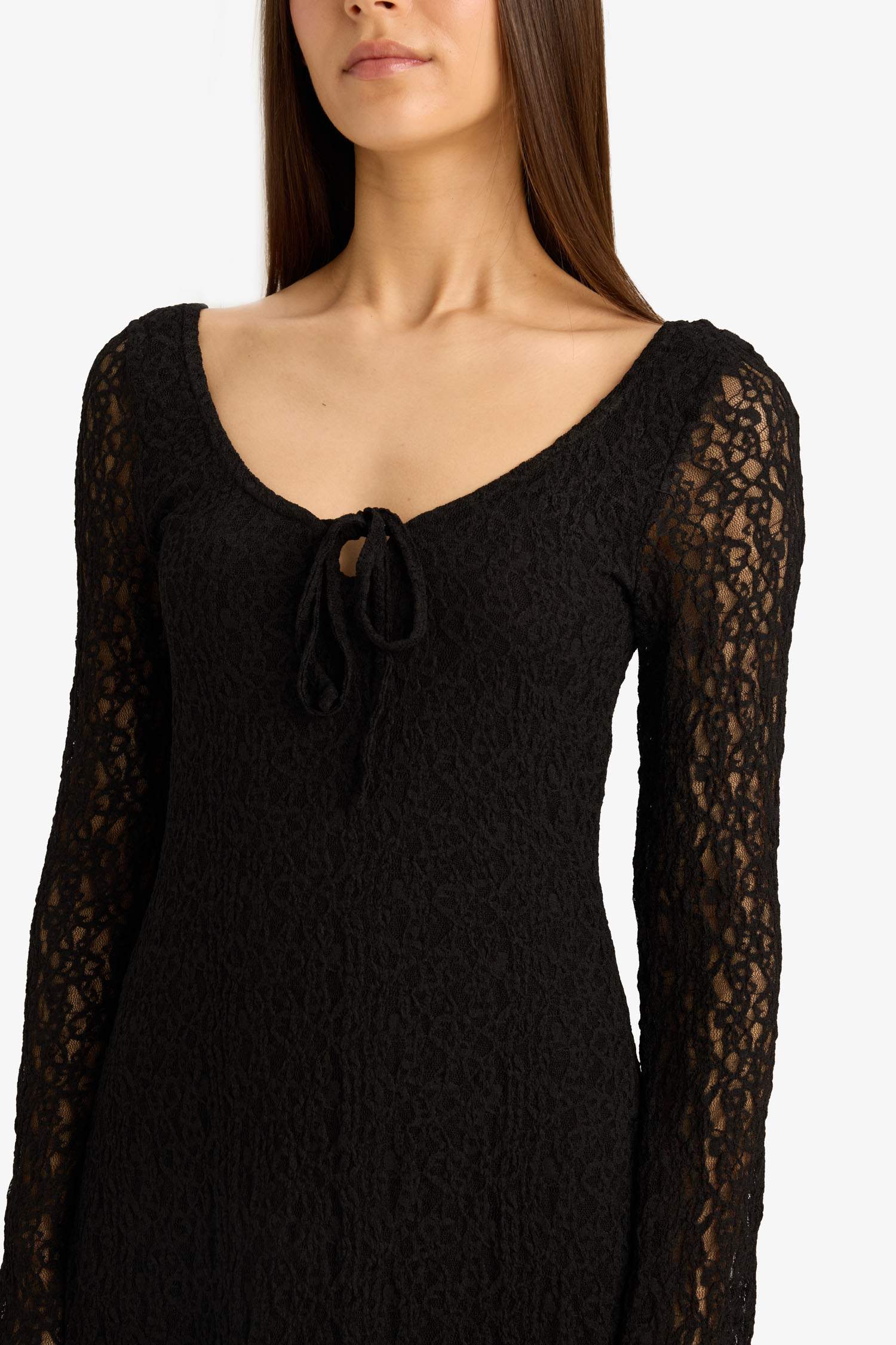 V Yaka Dantel Uzun Kollu Mini Elbise