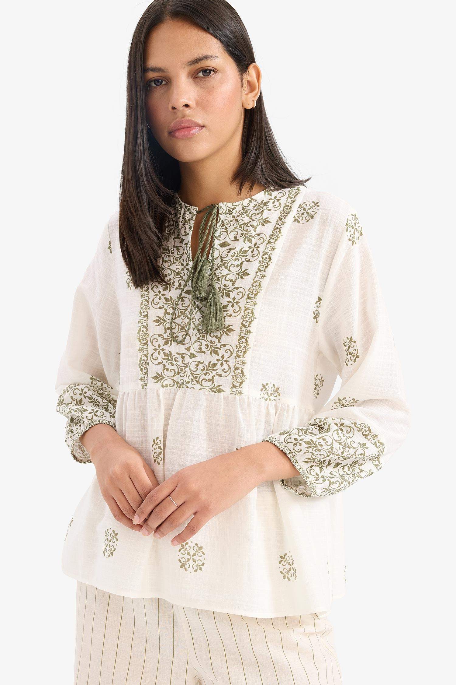 Regular Fit V Yaka Şal Desenli Pamuklu Uzun Kollu Bluz