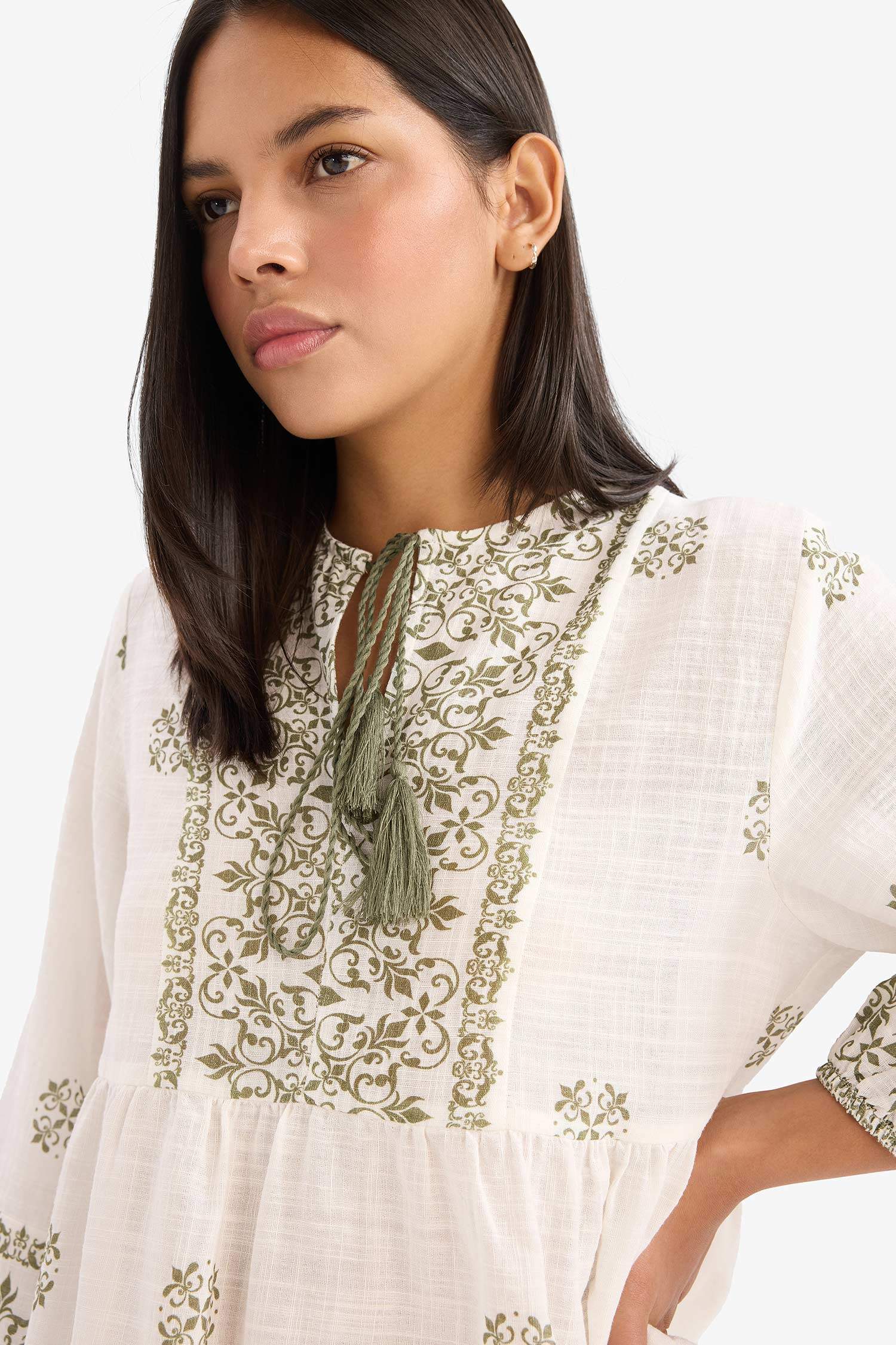 Regular Fit V Yaka Şal Desenli Pamuklu Uzun Kollu Bluz