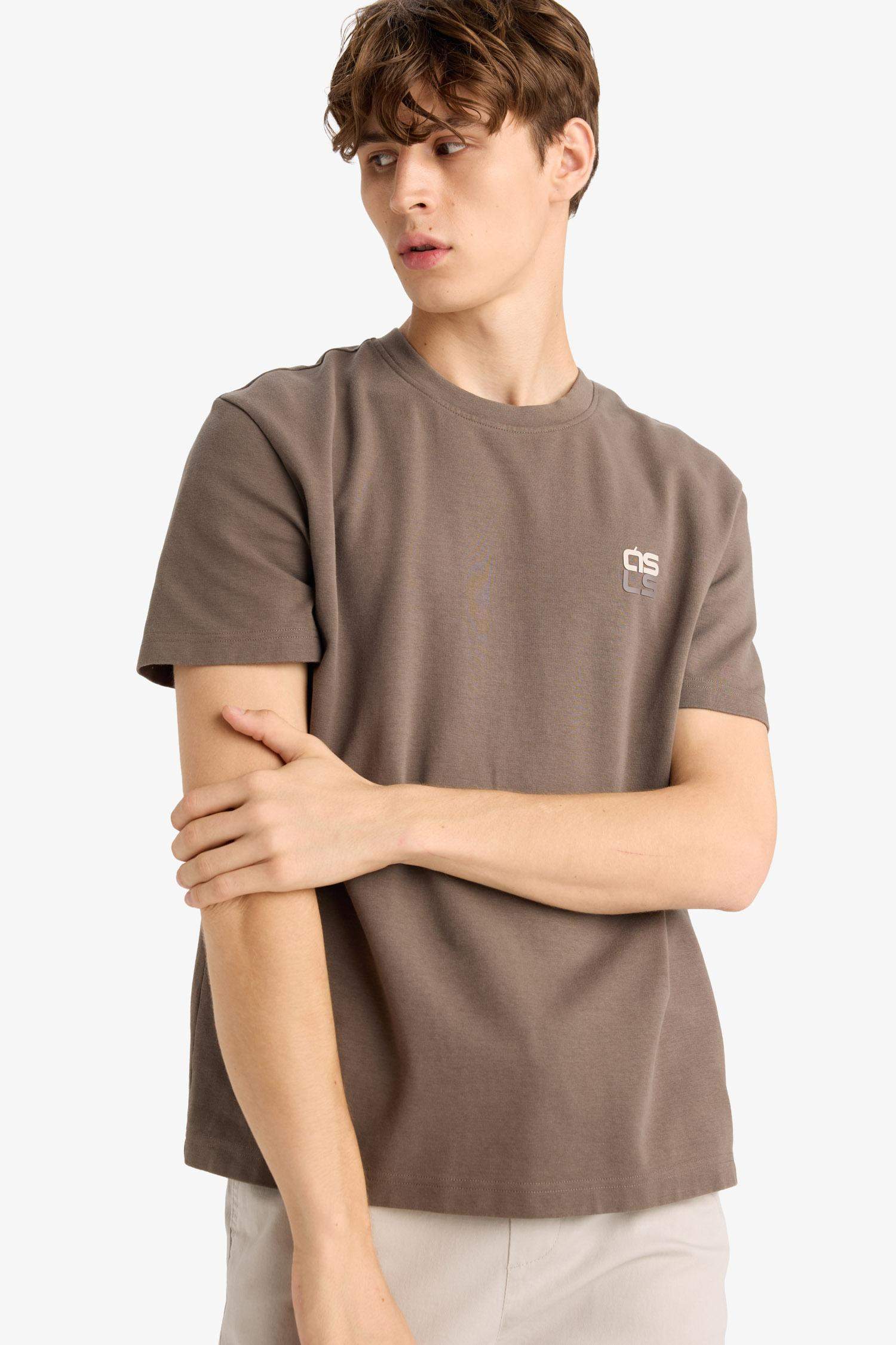 تيشيرت نص ردن مطبوع بياخة مستديرة وقصة عادية