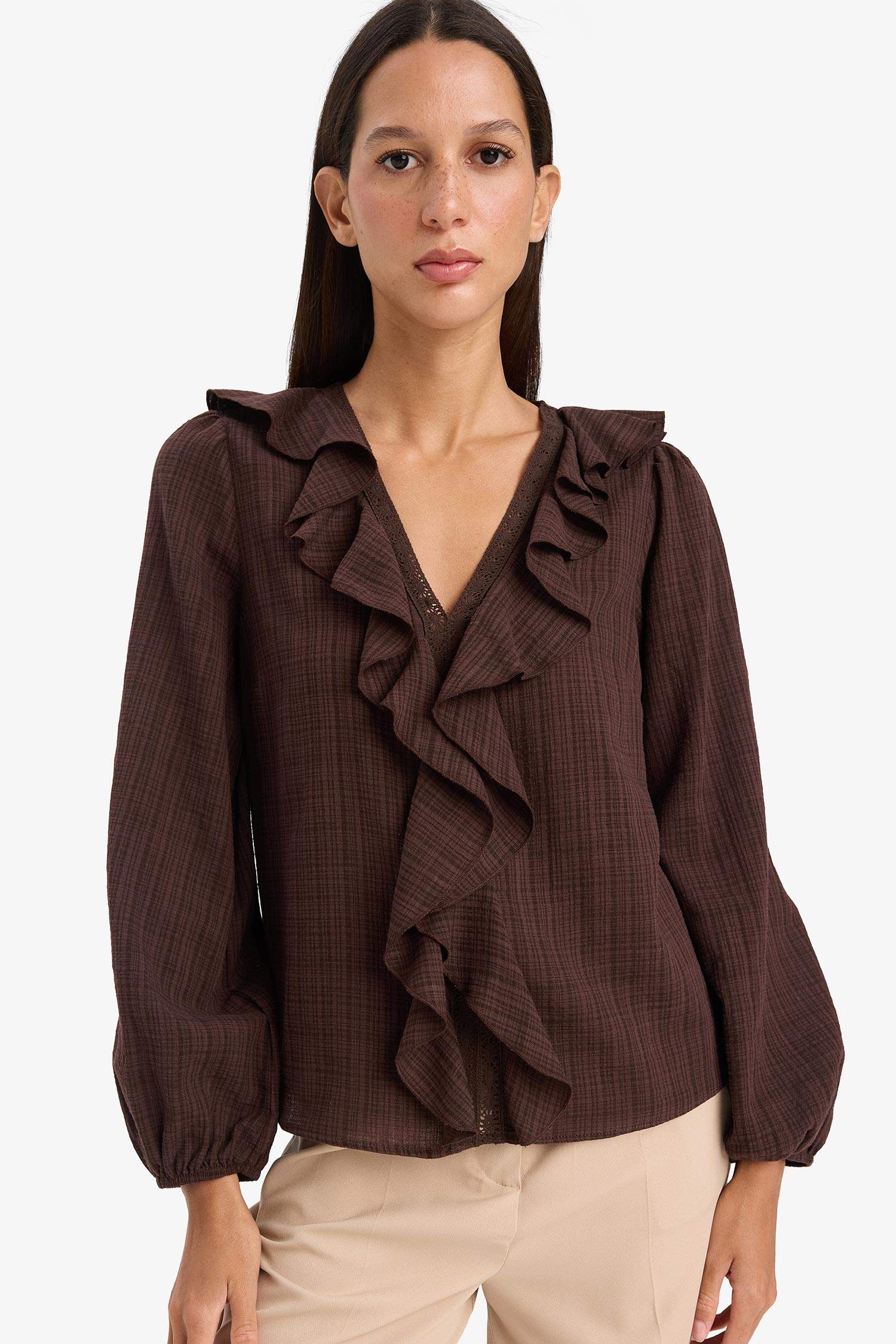 Oversize Fit V Neck Cotton Ruffled Long Sleeve Blouse