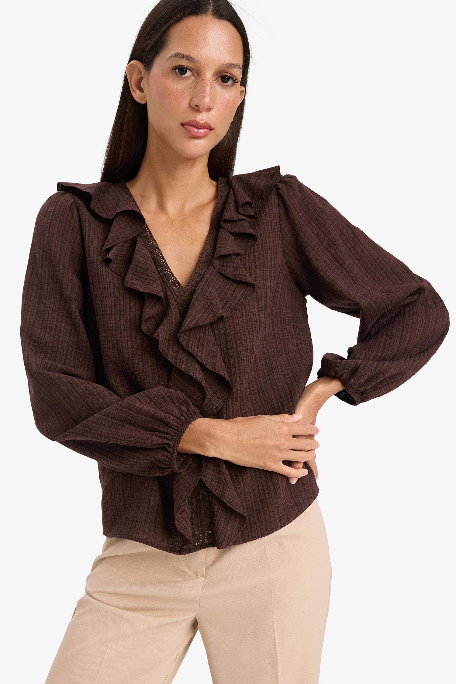 Oversize Fit V Neck Cotton Ruffled Long Sleeve Blouse