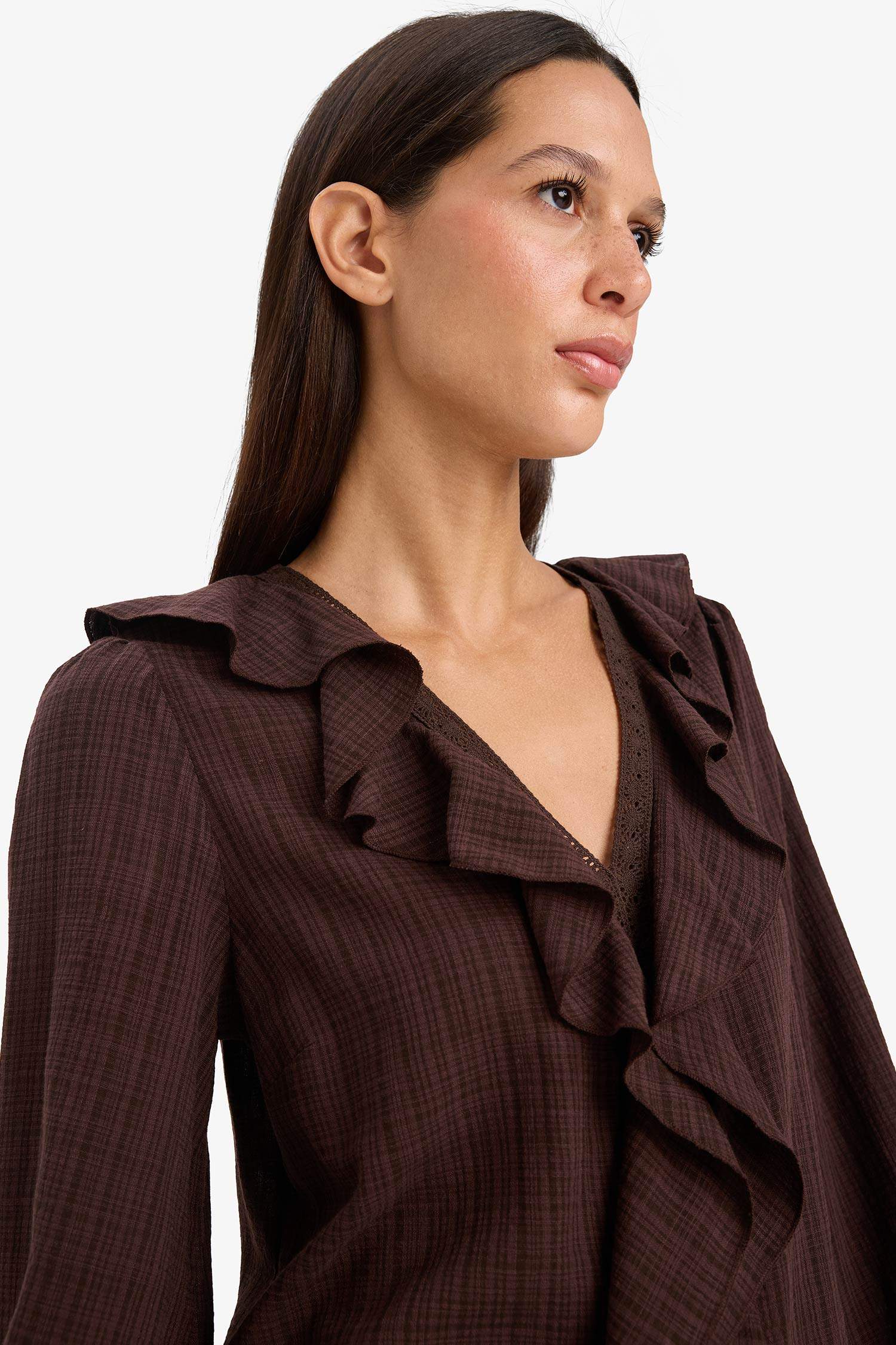 Oversize Fit V Neck Cotton Ruffled Long Sleeve Blouse