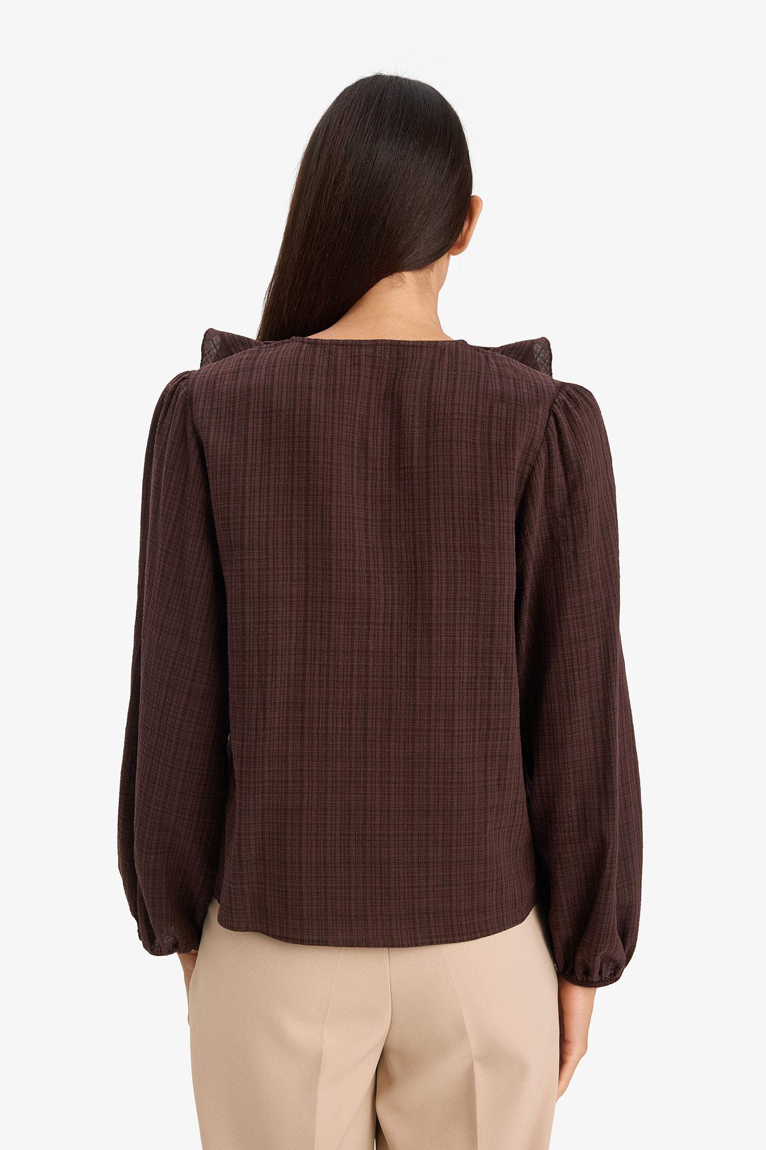 Oversize Fit V Neck Cotton Ruffled Long Sleeve Blouse