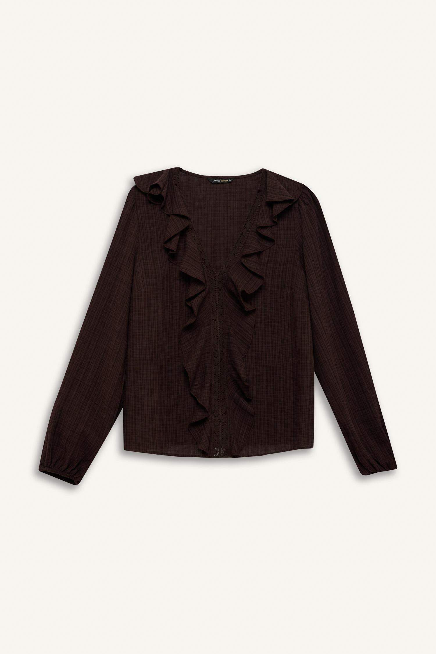 Oversize Fit V Neck Cotton Ruffled Long Sleeve Blouse