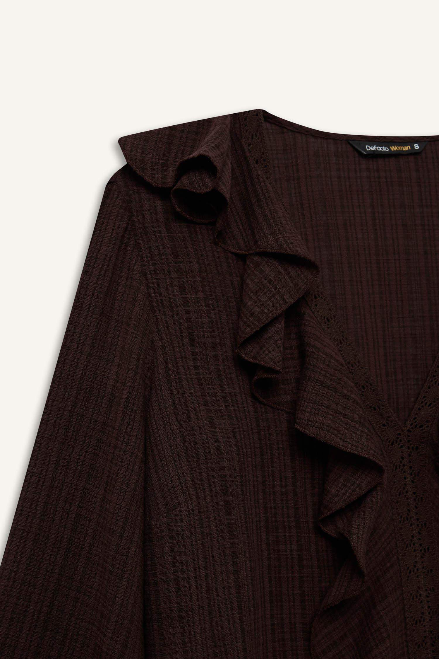 Oversize Fit V Neck Cotton Ruffled Long Sleeve Blouse