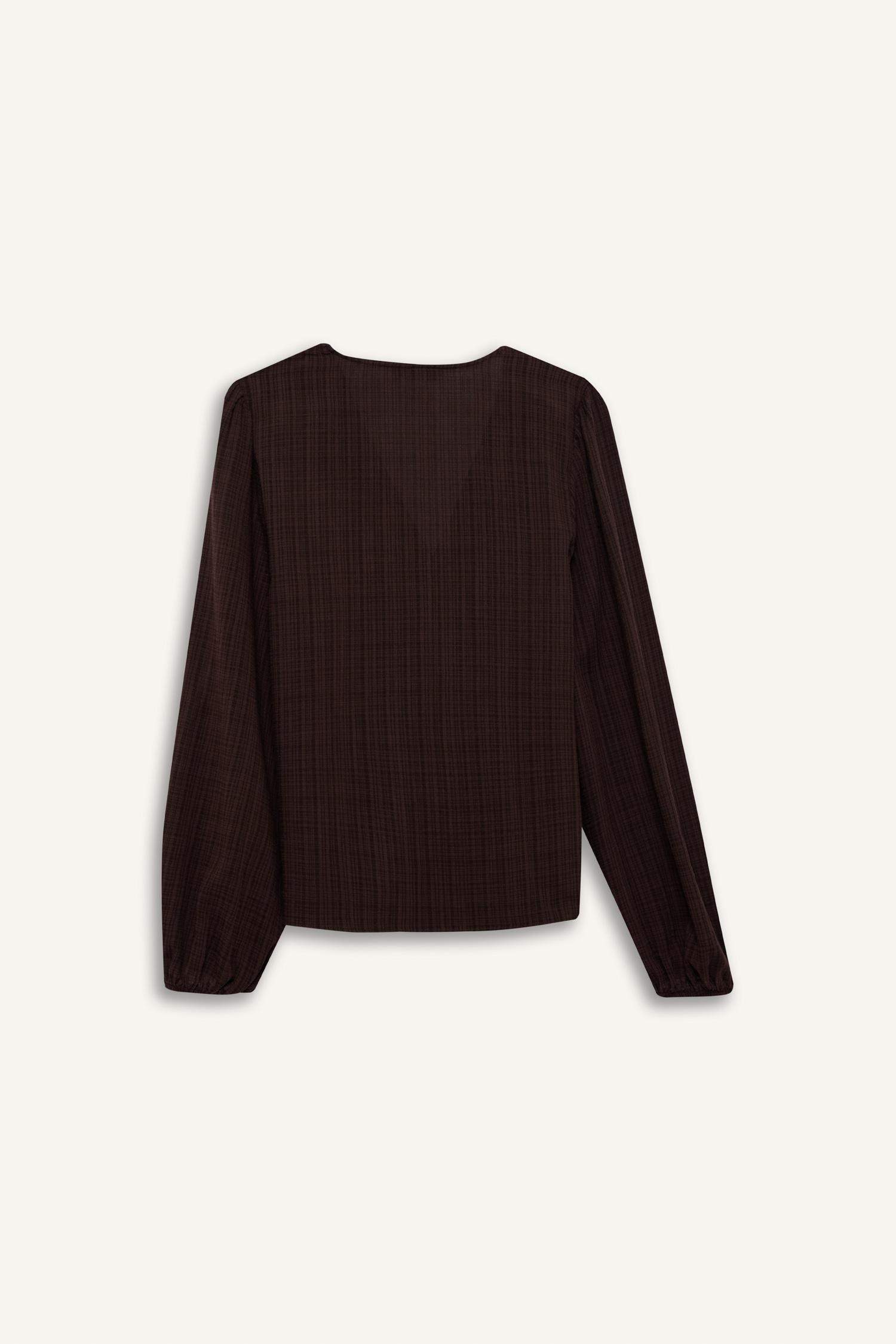 Oversize Fit V Neck Cotton Ruffled Long Sleeve Blouse