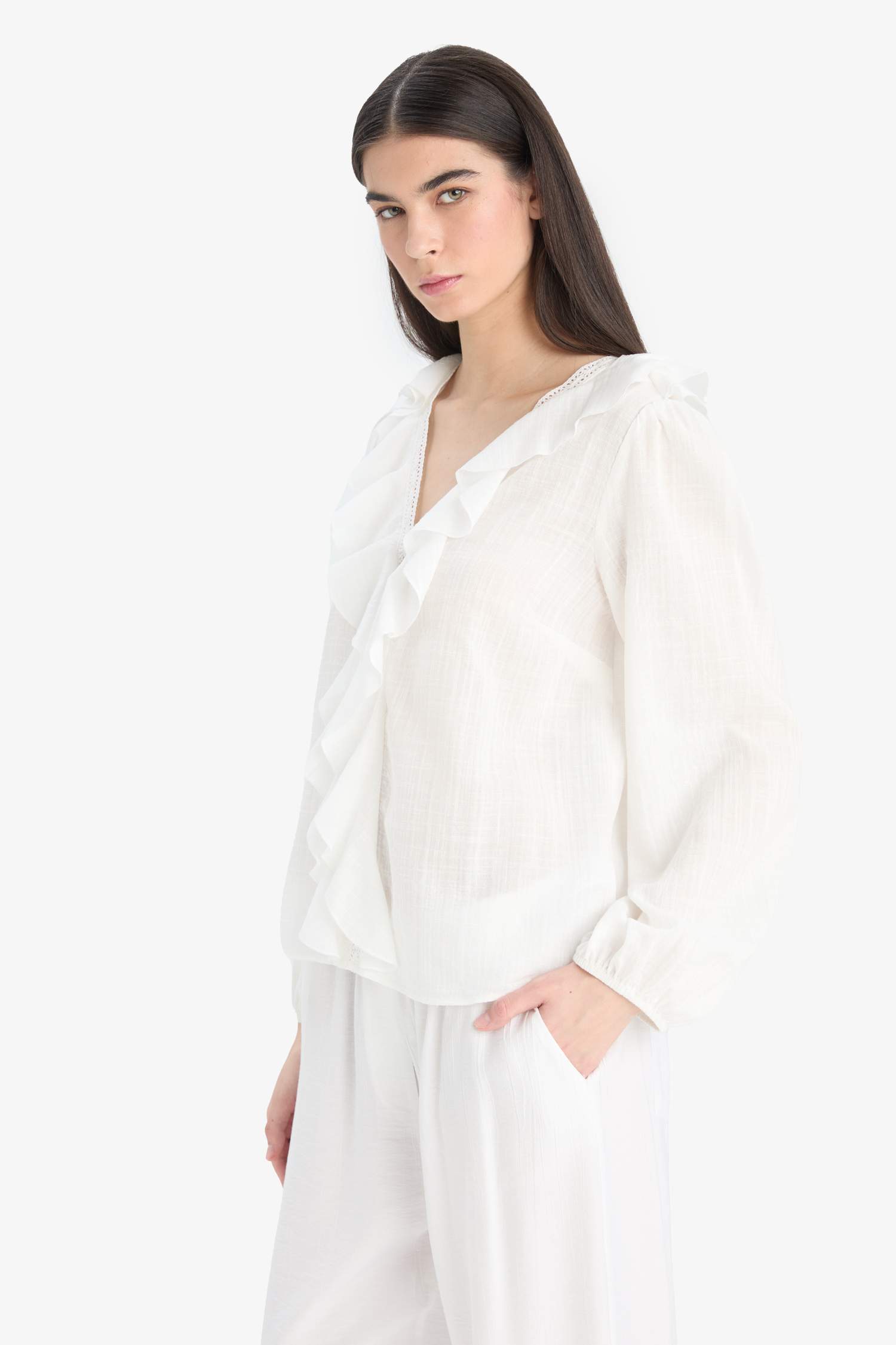 Oversize Geniş Kalıp V Yaka Pamuklu Volanlı Uzun Kollu Bluz