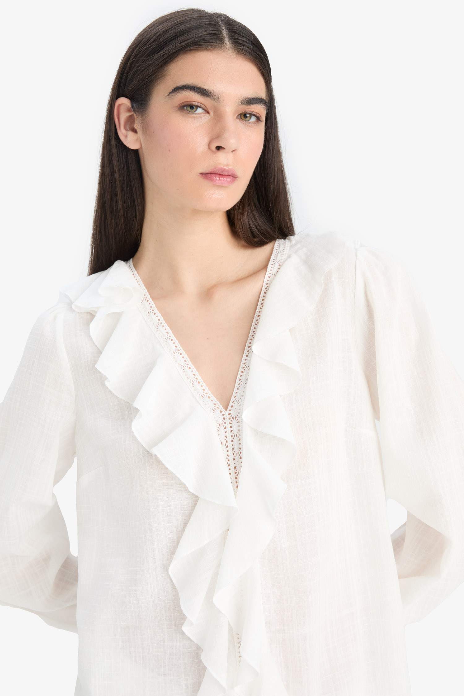 Oversize Geniş Kalıp V Yaka Pamuklu Volanlı Uzun Kollu Bluz