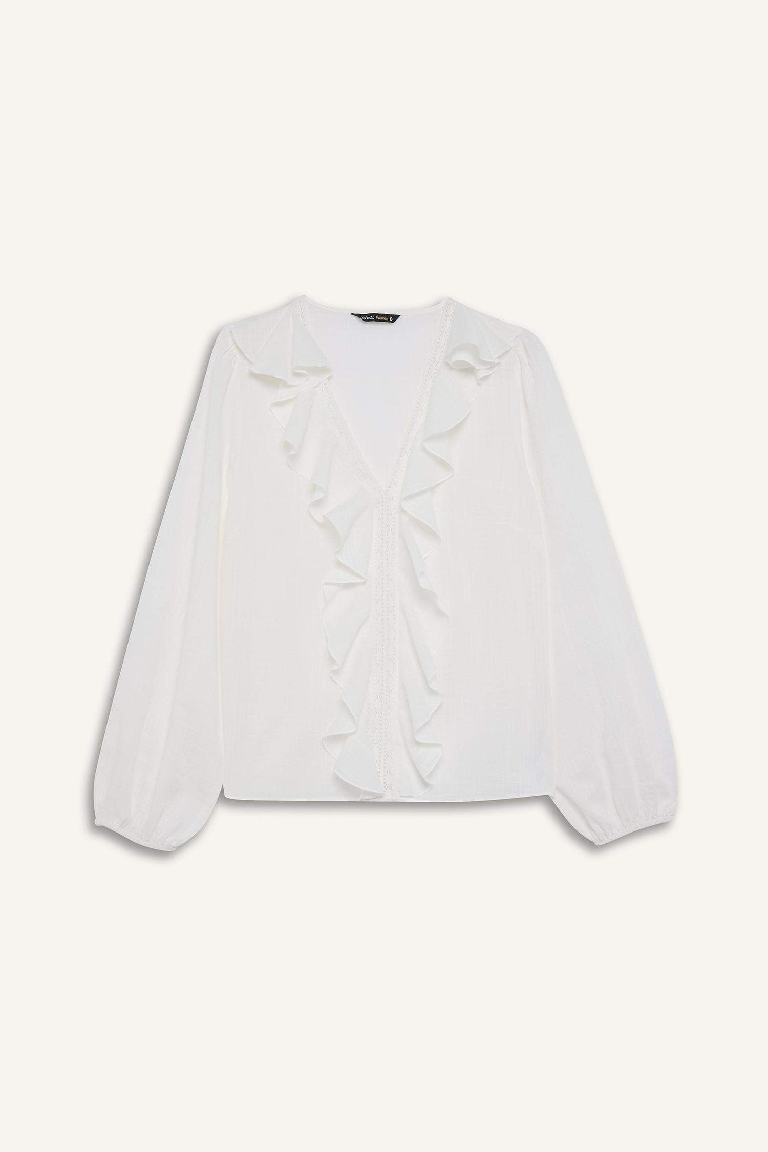 Oversize Geniş Kalıp V Yaka Pamuklu Volanlı Uzun Kollu Bluz