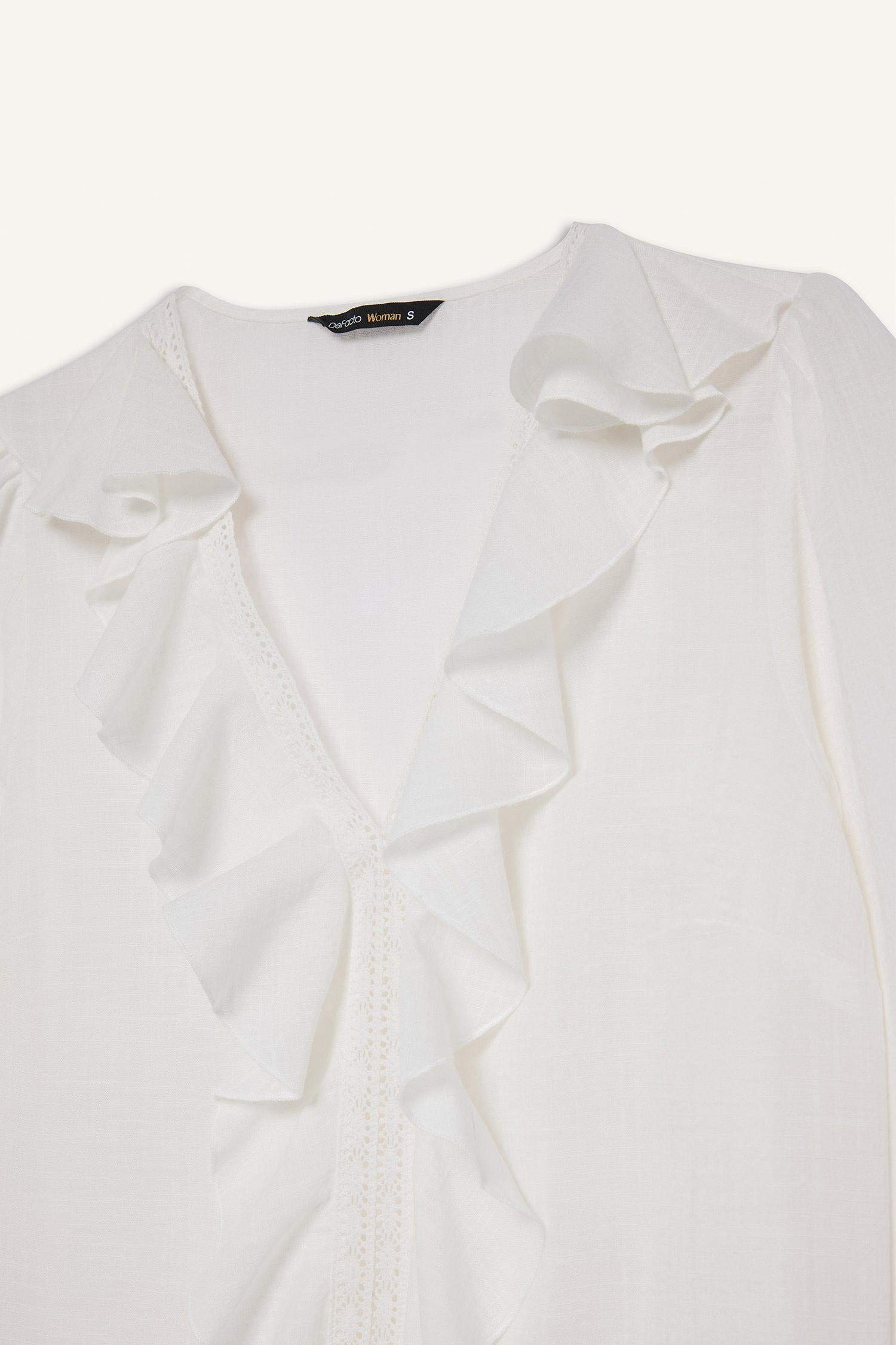 Oversize Geniş Kalıp V Yaka Pamuklu Volanlı Uzun Kollu Bluz