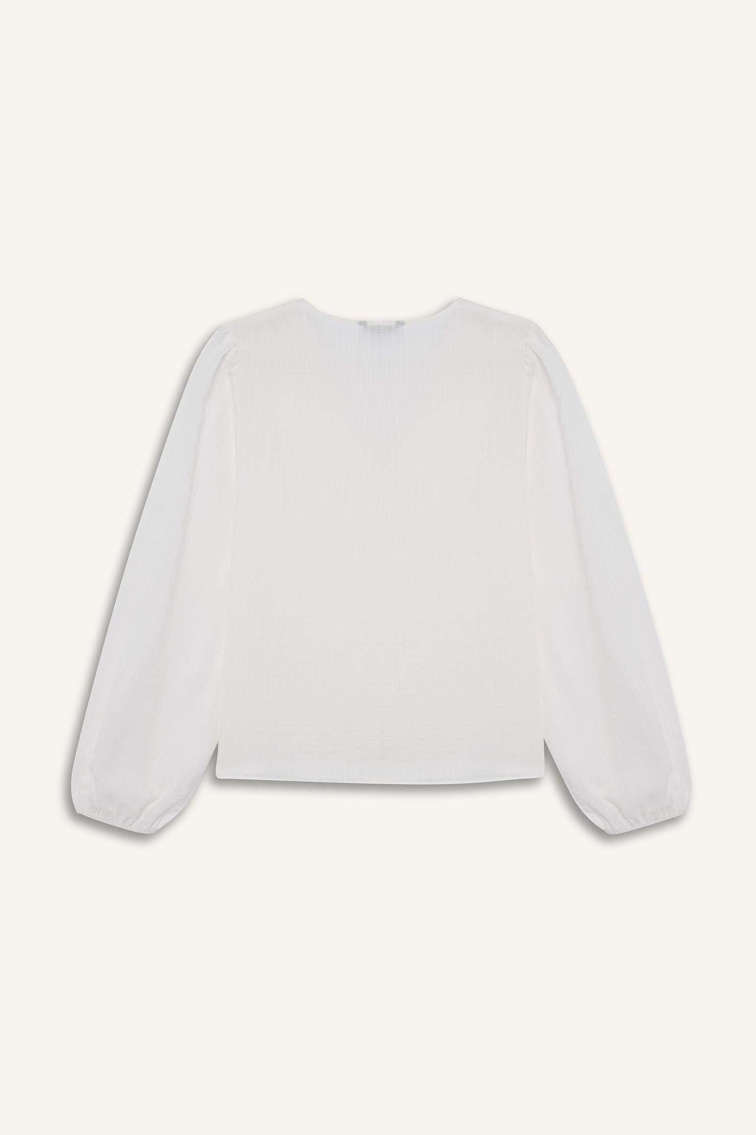 Oversize Geniş Kalıp V Yaka Pamuklu Volanlı Uzun Kollu Bluz