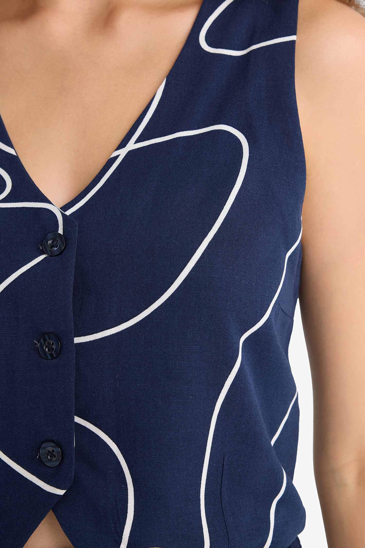 Блейзер-жилет из смеси льна с цветочным узором и V-образным вырезом