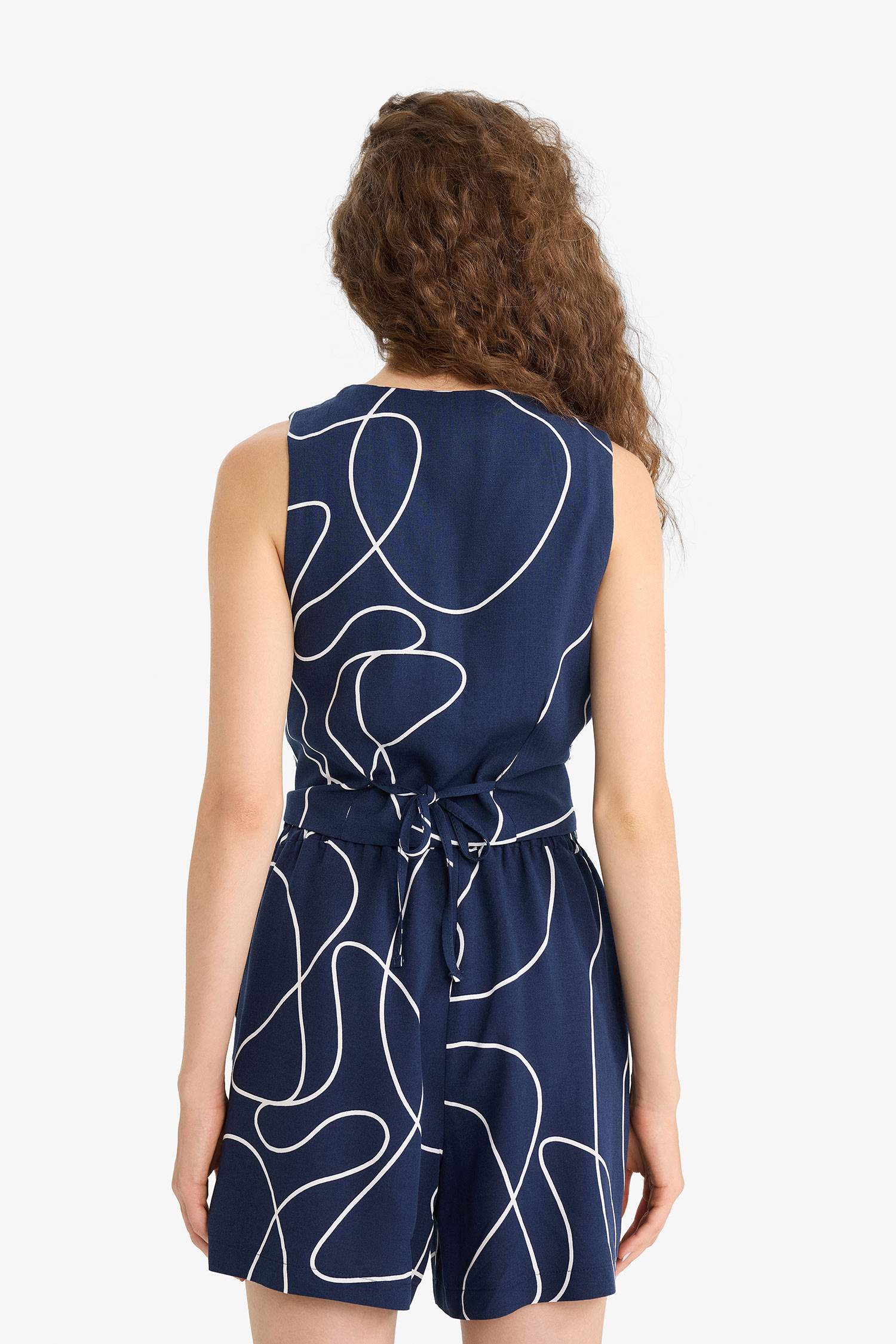 Блейзер-жилет из смеси льна с цветочным узором и V-образным вырезом