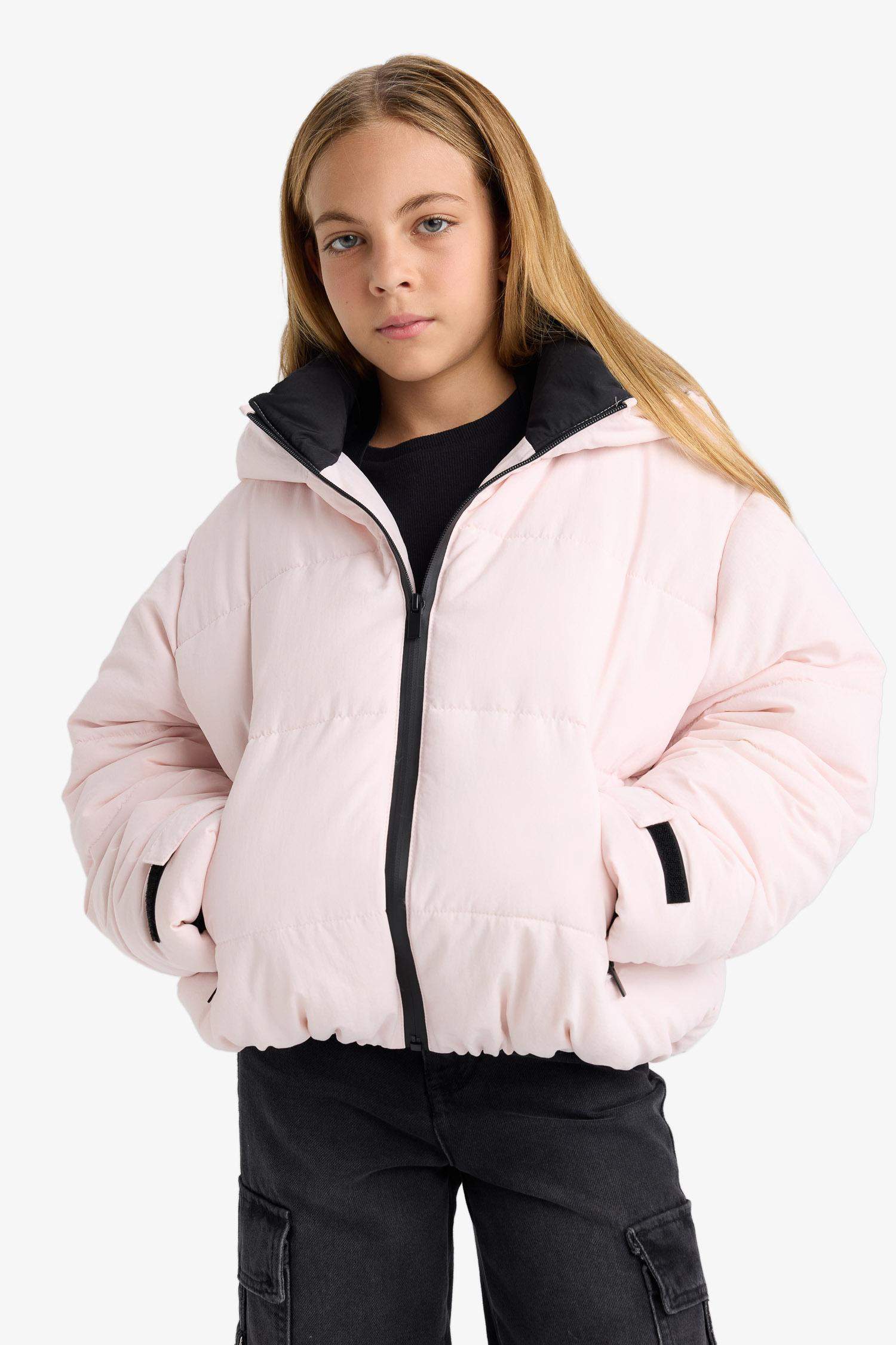 Kız Çocuk Su Geçirmez Kapüşonlu Fermuarlı Şişme Kayak Montu