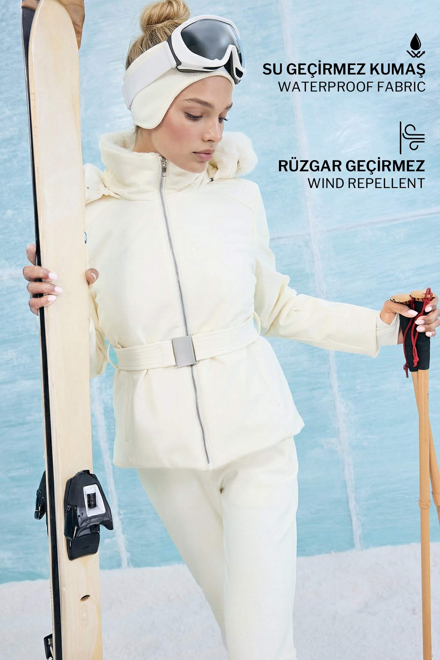 Waterproof Slim Fit Belted Hooded Softshell Ski Jacket