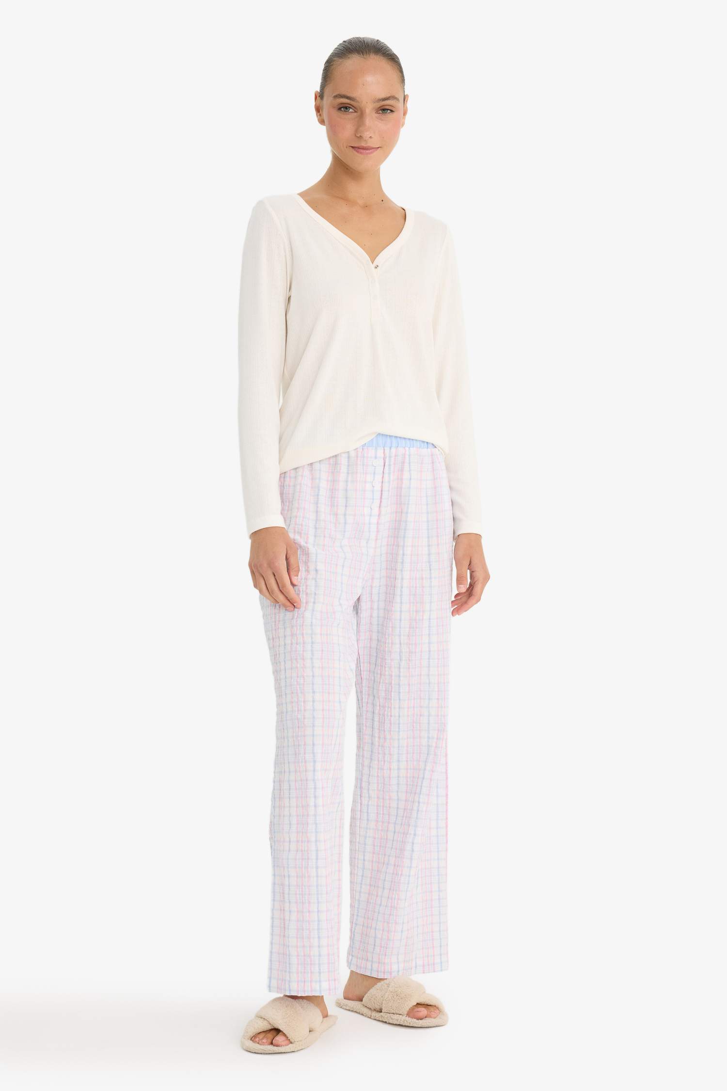 Regular Fit V Yaka Uzun Kollu Pijama Üstü-Fall in Love