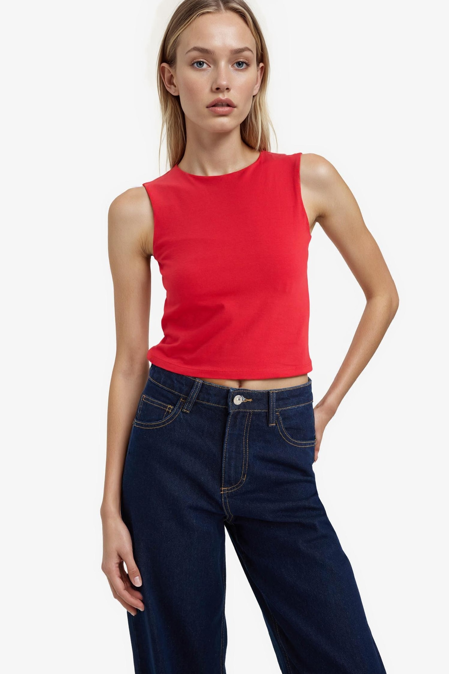 Regular Fit Basic Crew Neck Red Tank Top