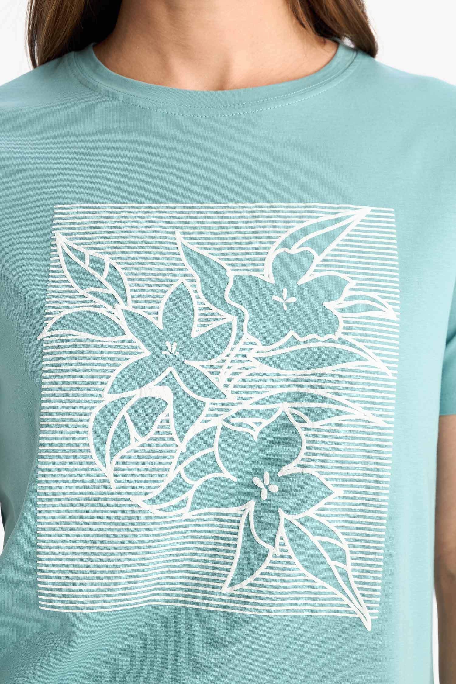 Regular Fit Bisiklet Yaka Etnik Desenli Penye Kısa Kollu Tişört