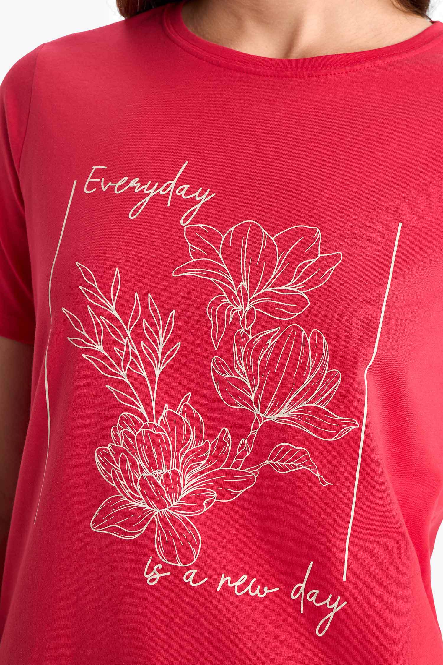 Regular Fit Bisiklet Yaka Etnik Desenli Penye Kısa Kollu Tişört