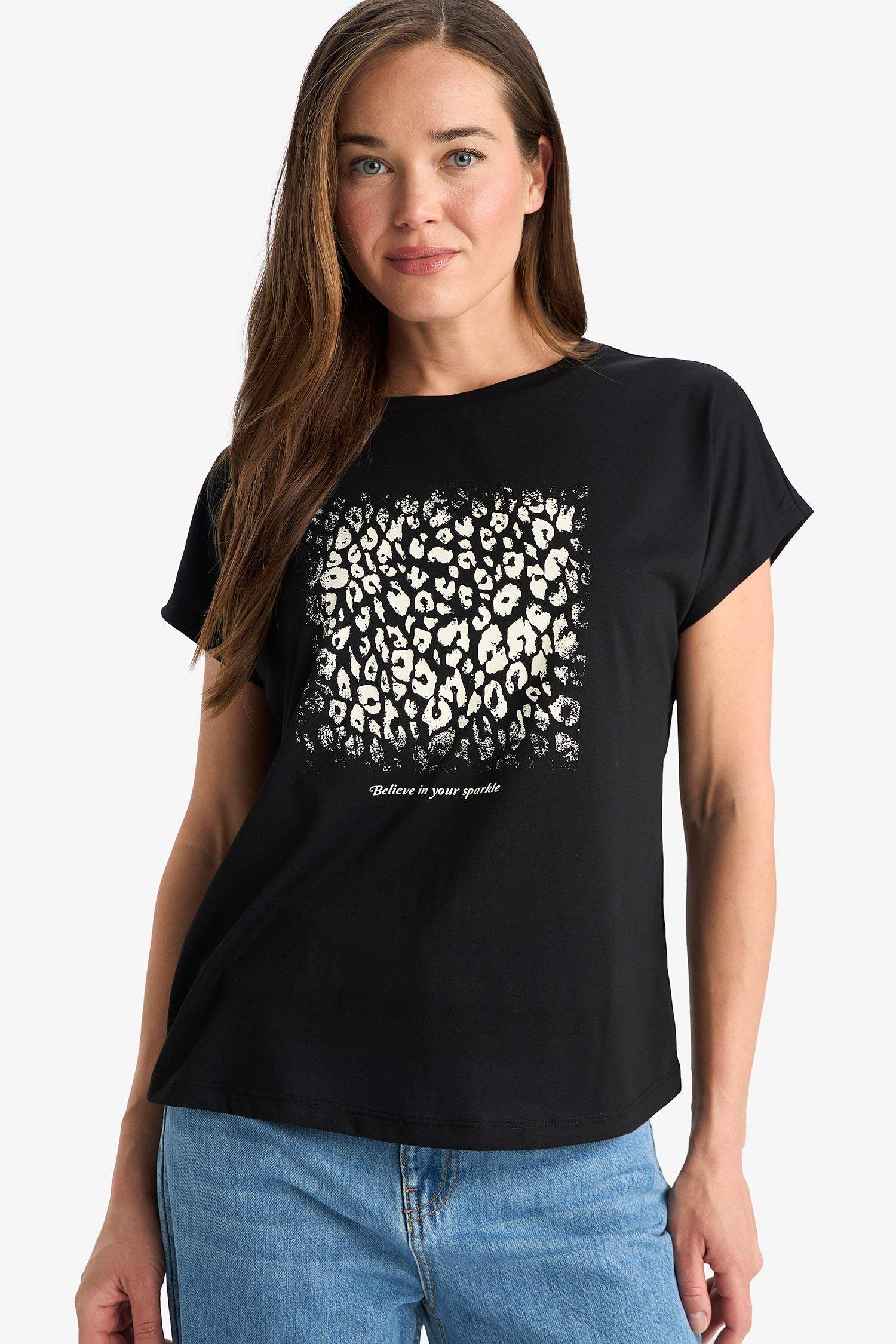 Regular Fit Bisiklet Yaka Çiçekli Kısa Kollu Tişört