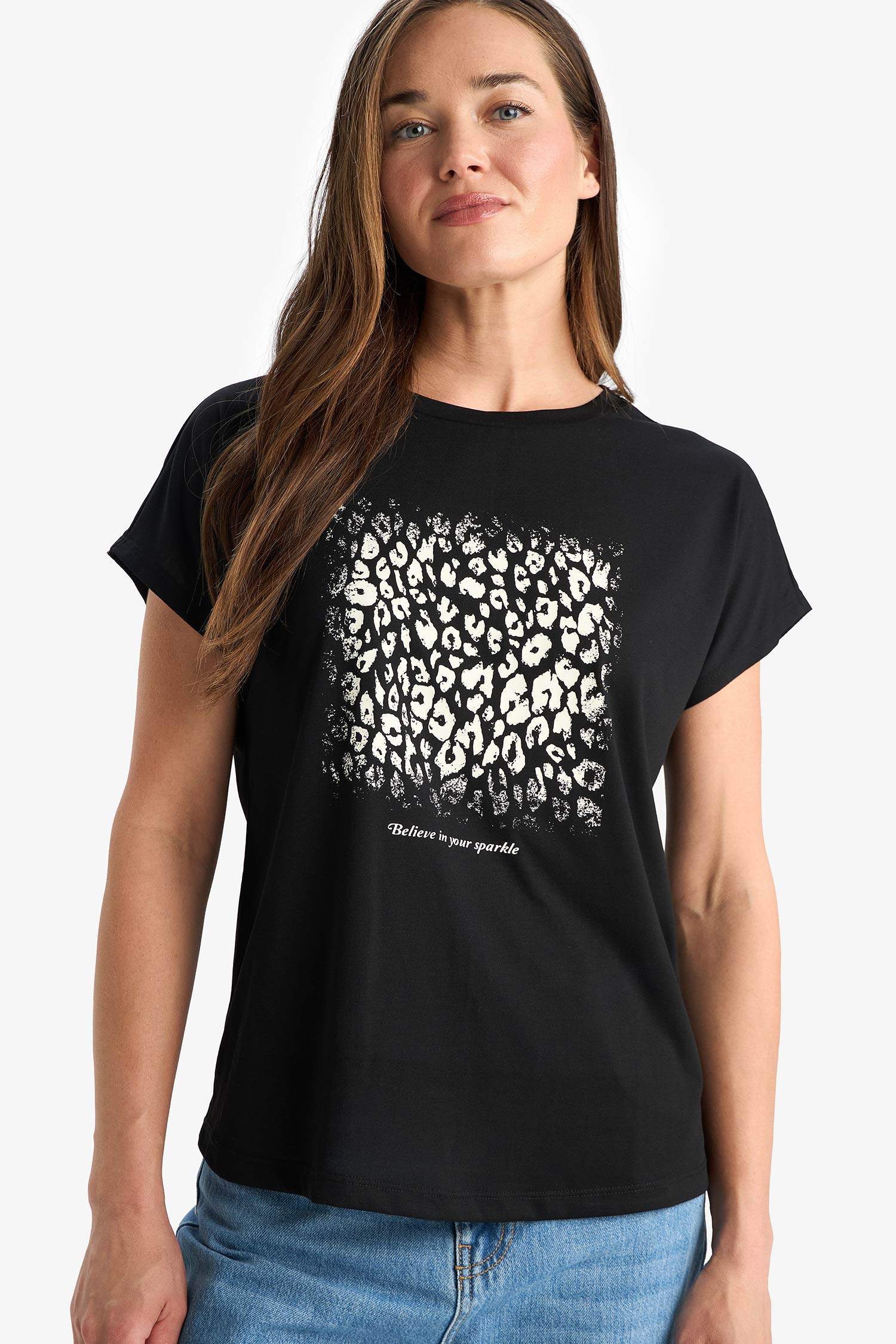 Regular Fit Bisiklet Yaka Çiçekli Kısa Kollu Tişört