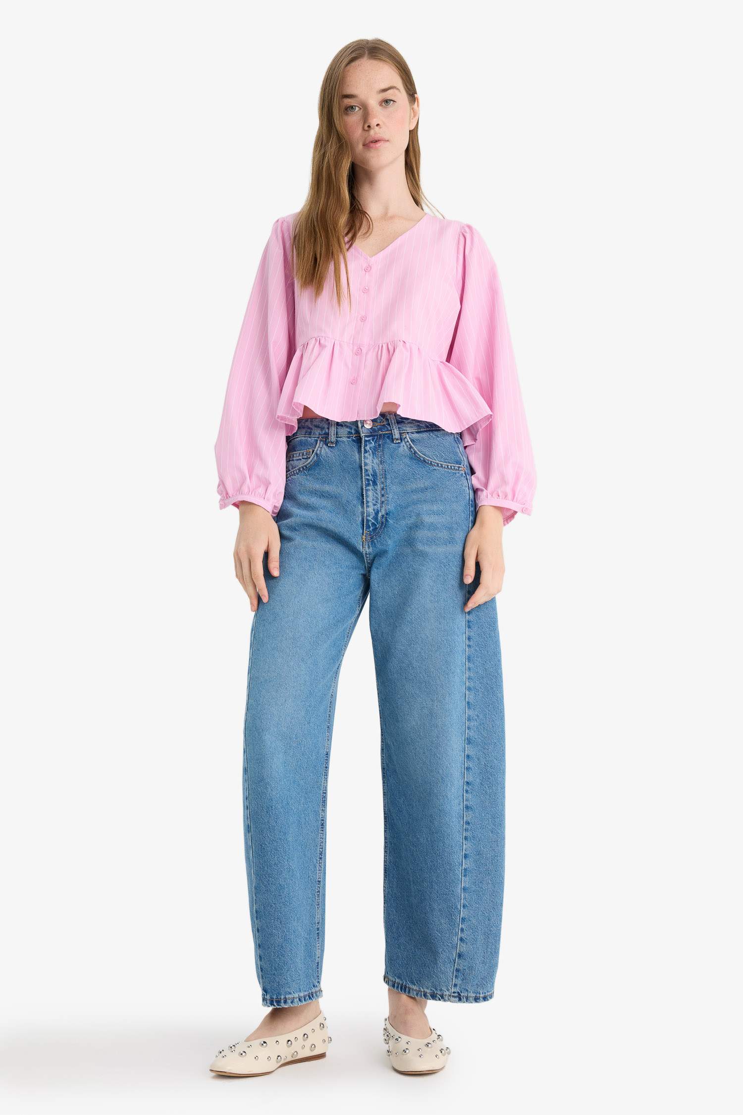 بلوزة كم طويل بوبلين قصة عادية وياقة V زهري