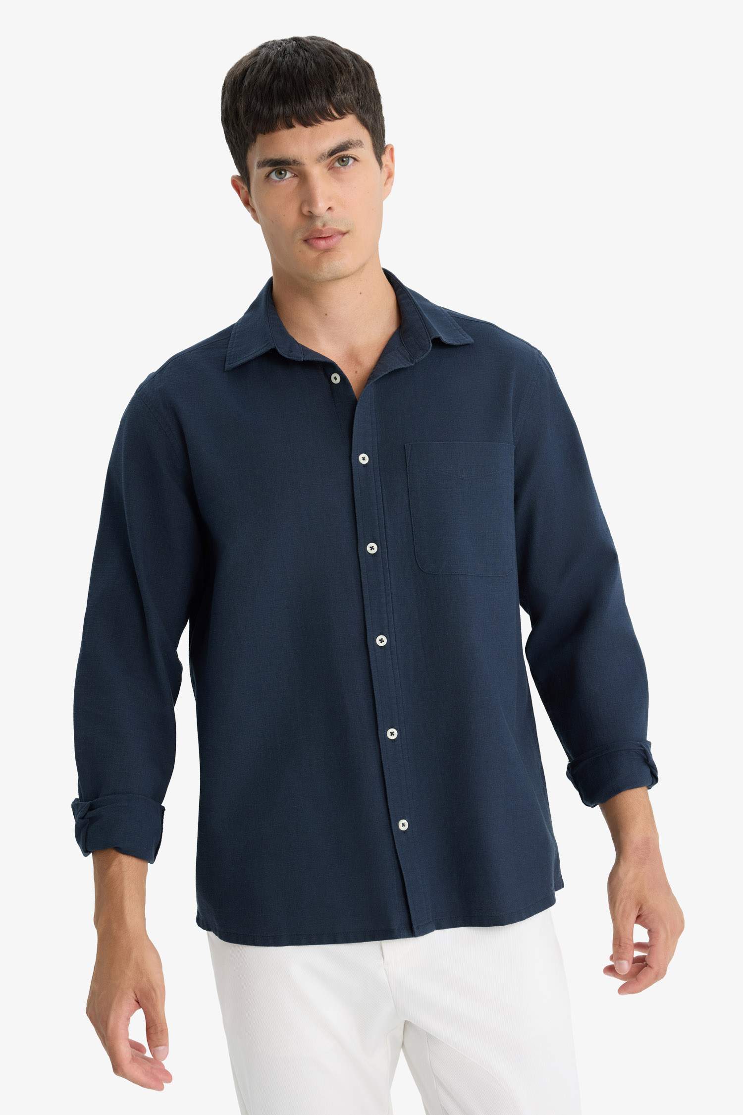 Регулярный крой, поло-воротник, хлопковая рубашка с длинными рукавами