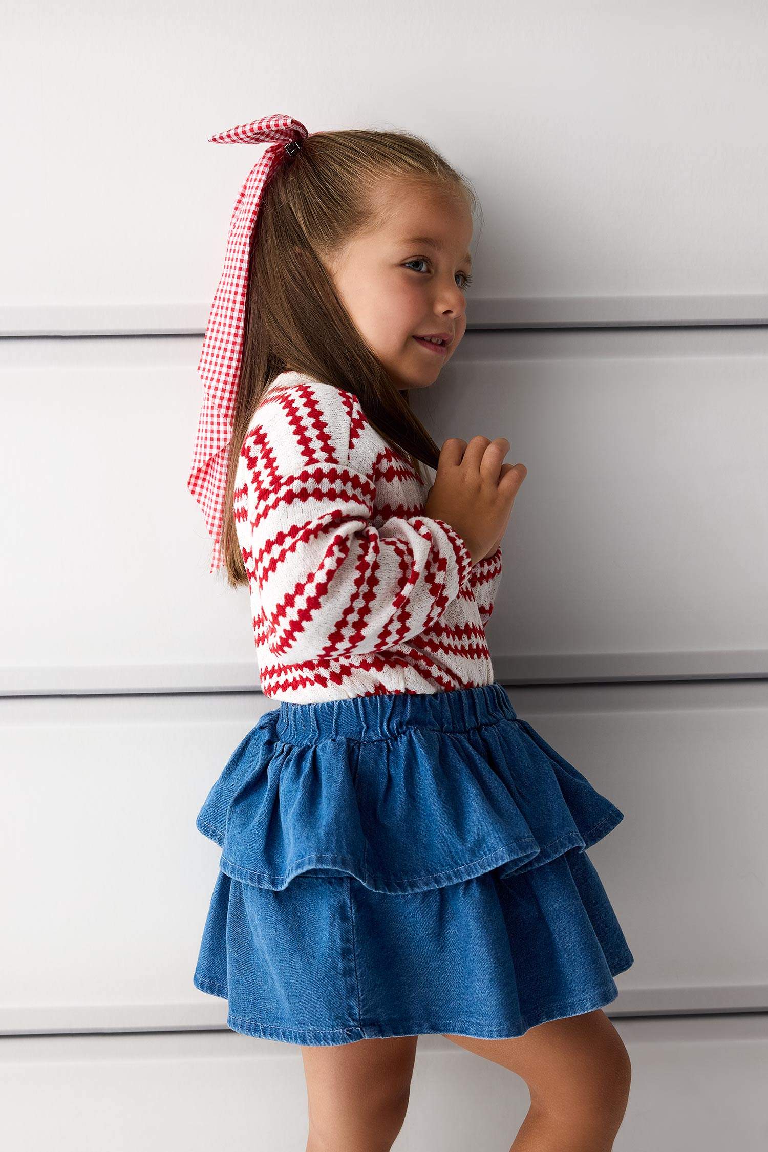 Kız Bebek Beli Lastikli Katlı Jean Etek