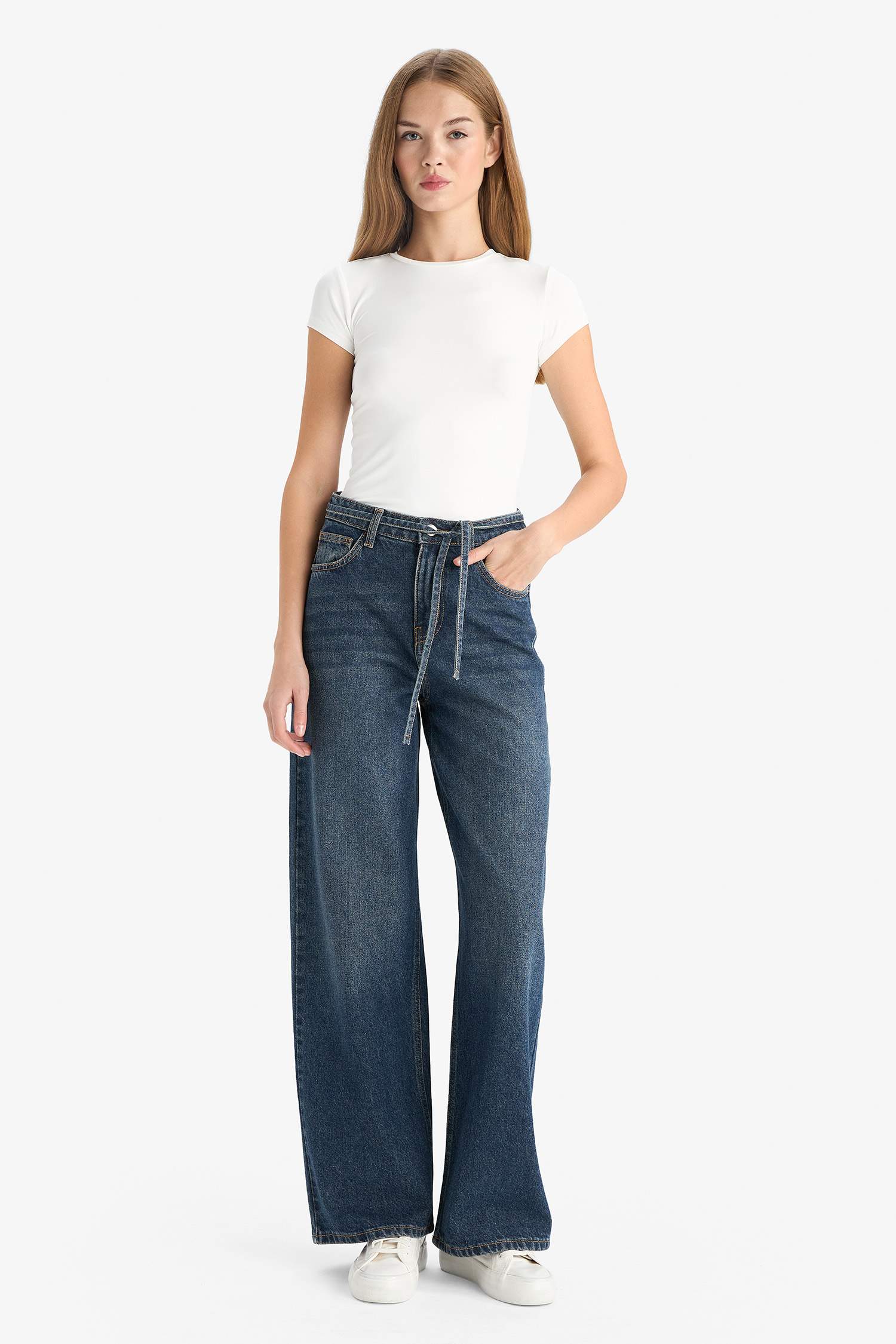Wide Leg Regular Hem Denim Trousers