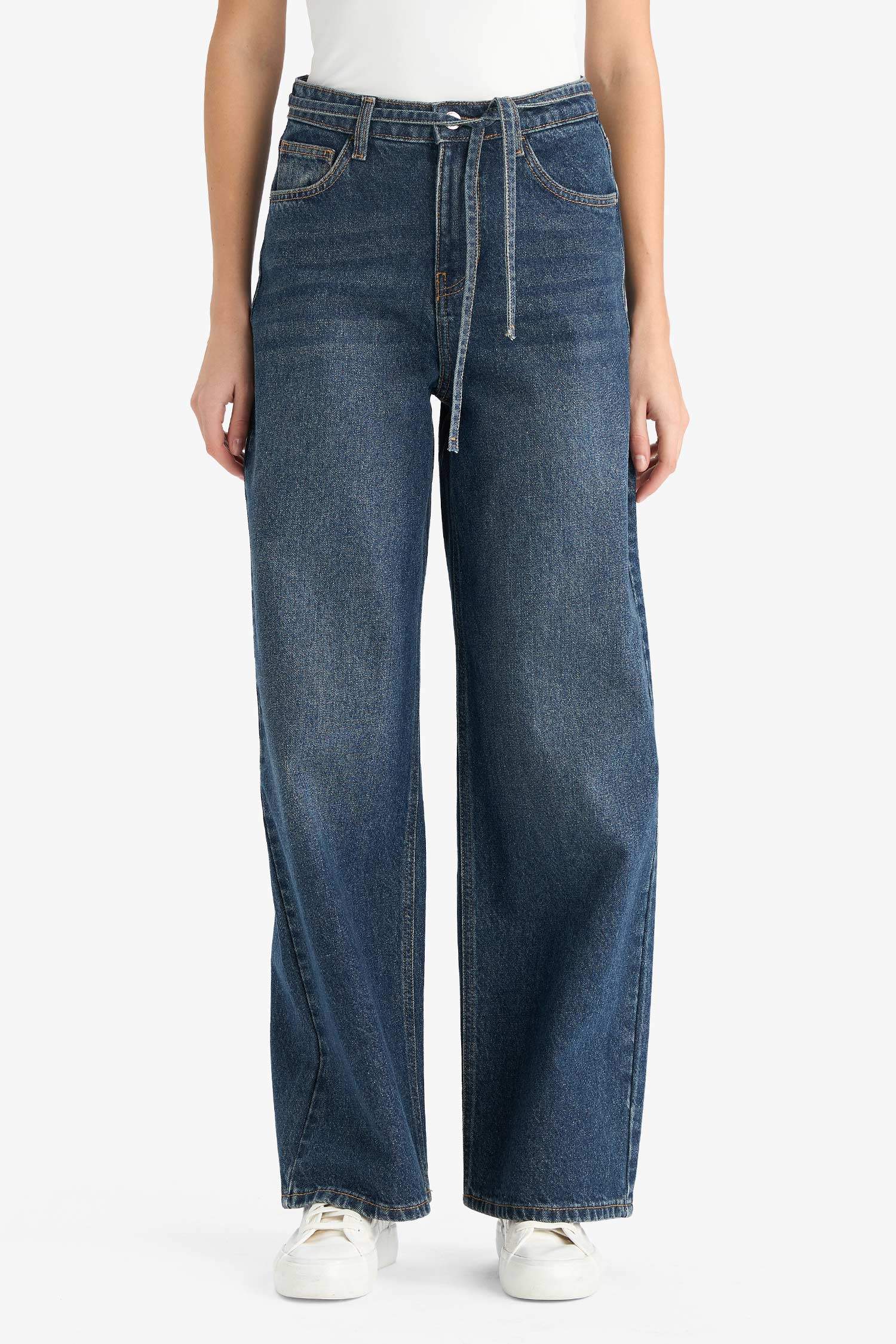 Wide Leg Regular Hem Denim Trousers