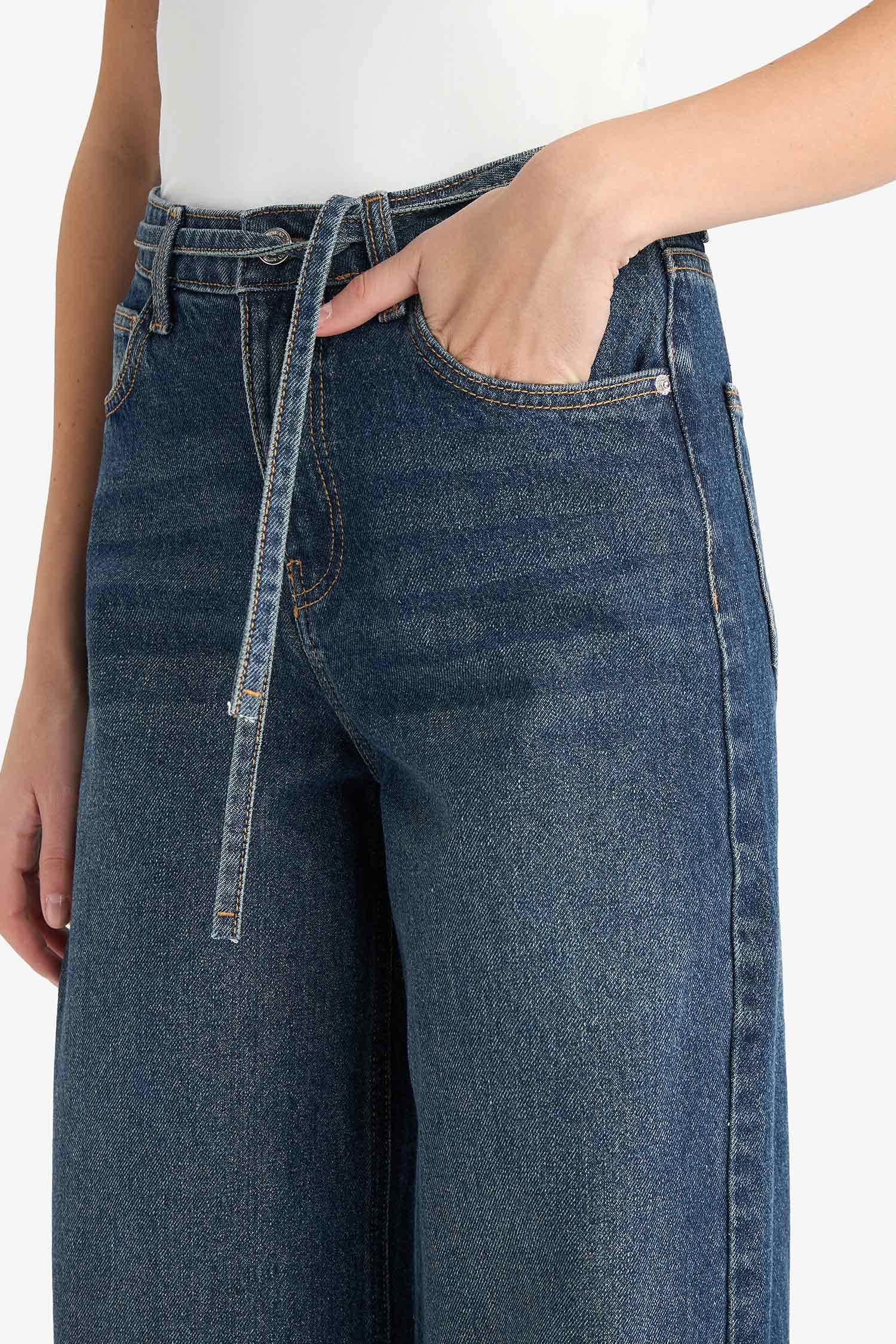 Wide Leg Regular Hem Denim Trousers