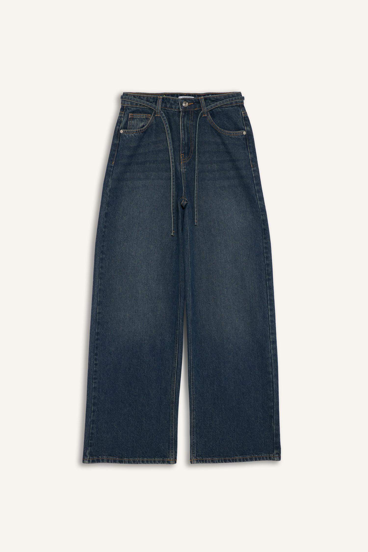 Wide Leg Regular Hem Denim Trousers