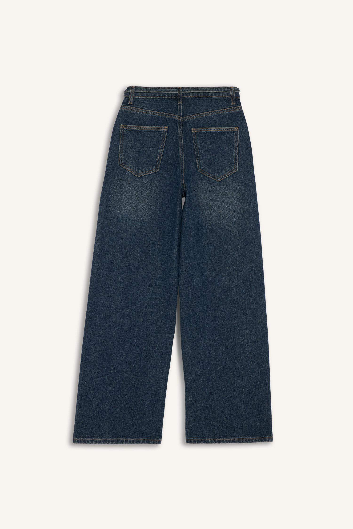 Wide Leg Regular Hem Denim Trousers