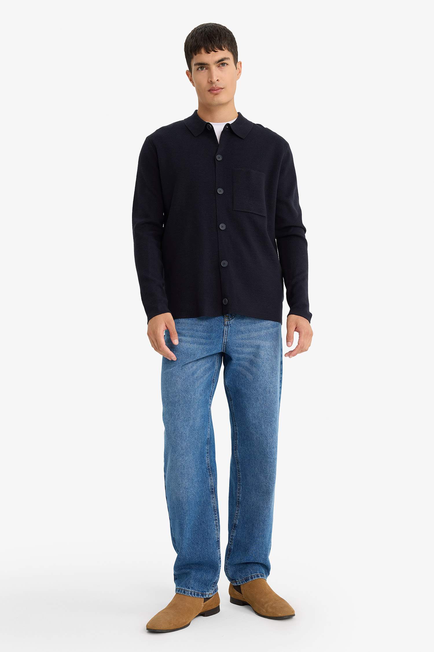 Standart Fit Polo Yaka Düğmeli Ön Cep Detaylı Triko Hırka