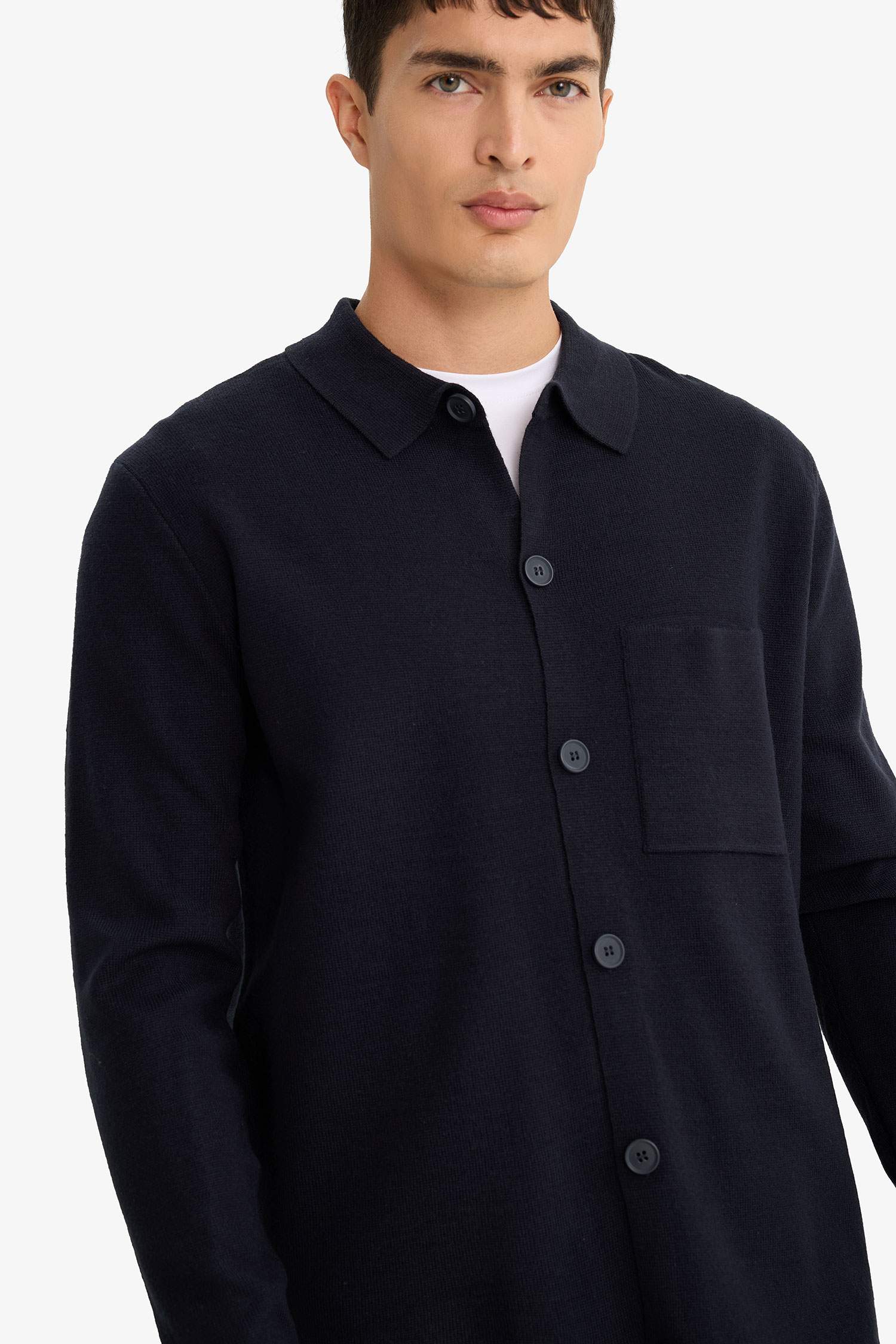 Standart Fit Polo Yaka Düğmeli Ön Cep Detaylı Triko Hırka