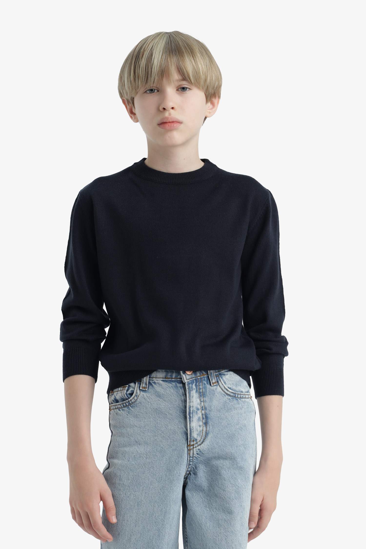 Erkek Çocuk Okul Basic Düz Bisiklet Yaka Triko Kazak