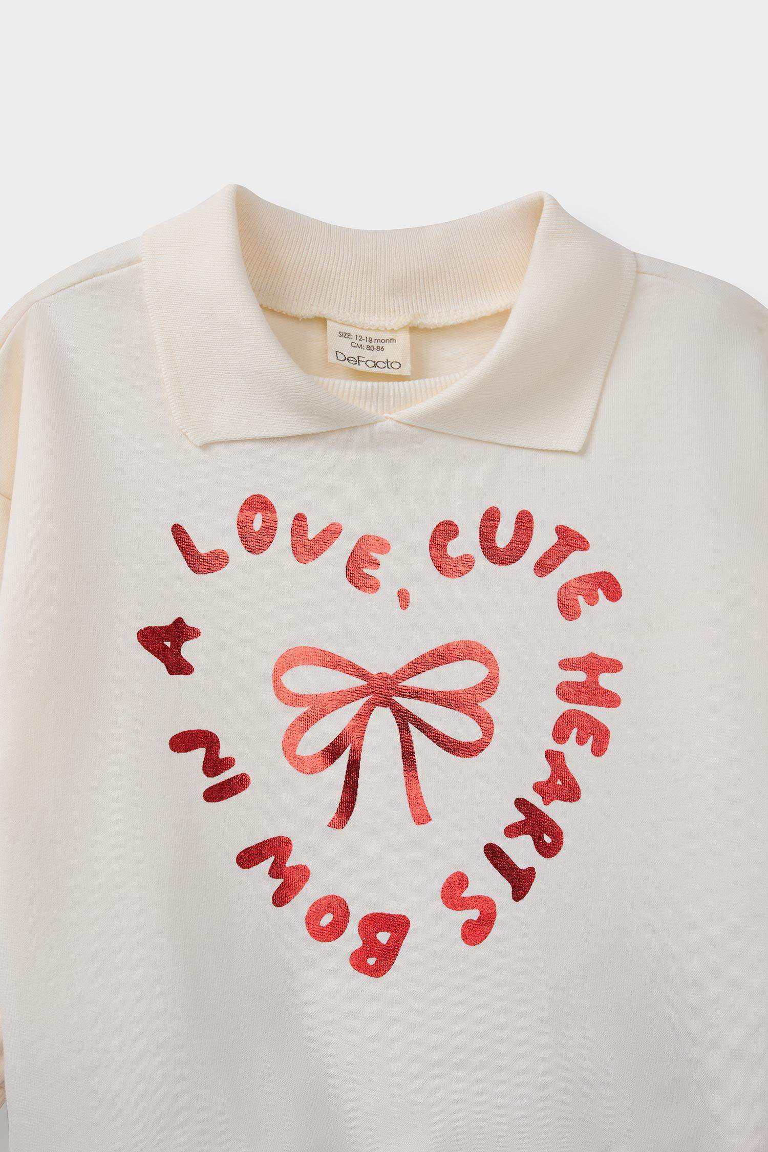 Kız Bebek 2'li Takım Baskılı İçi Yumuşak Tüylü Okul Sweatshirt Eşofman Altı