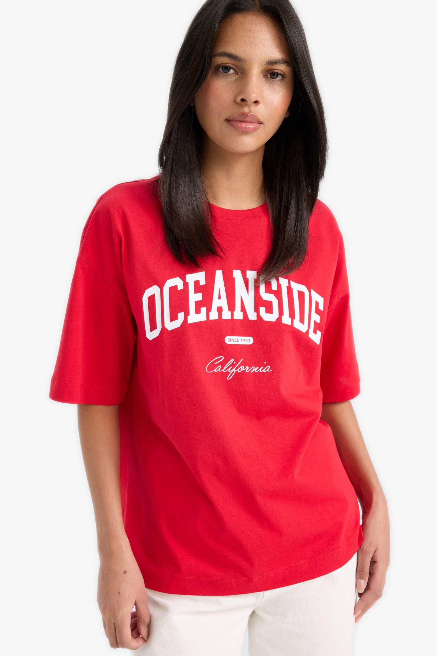 Oversize Fit Crew Neck Slogan Printed Cotton T-Shirt