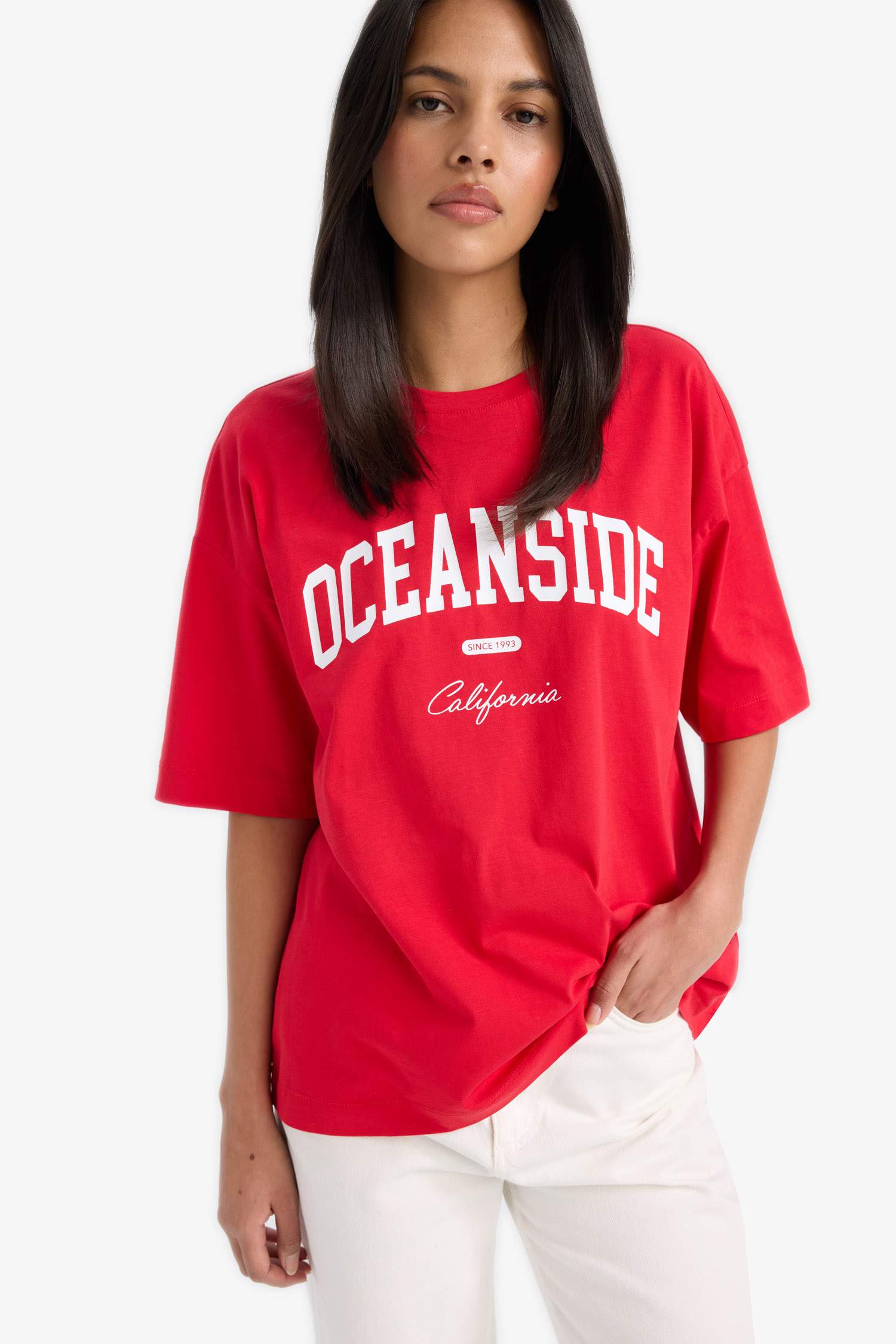 Oversize Fit Crew Neck Slogan Printed Cotton T-Shirt