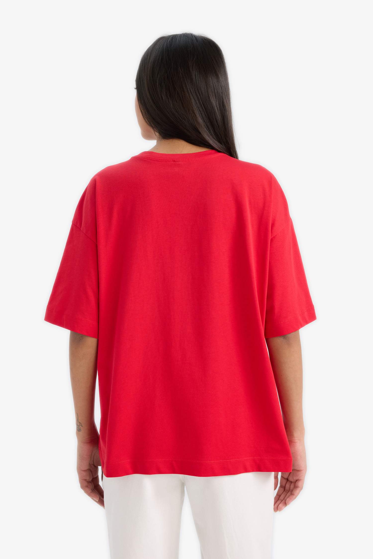 Oversize Fit Crew Neck Slogan Printed Cotton T-Shirt