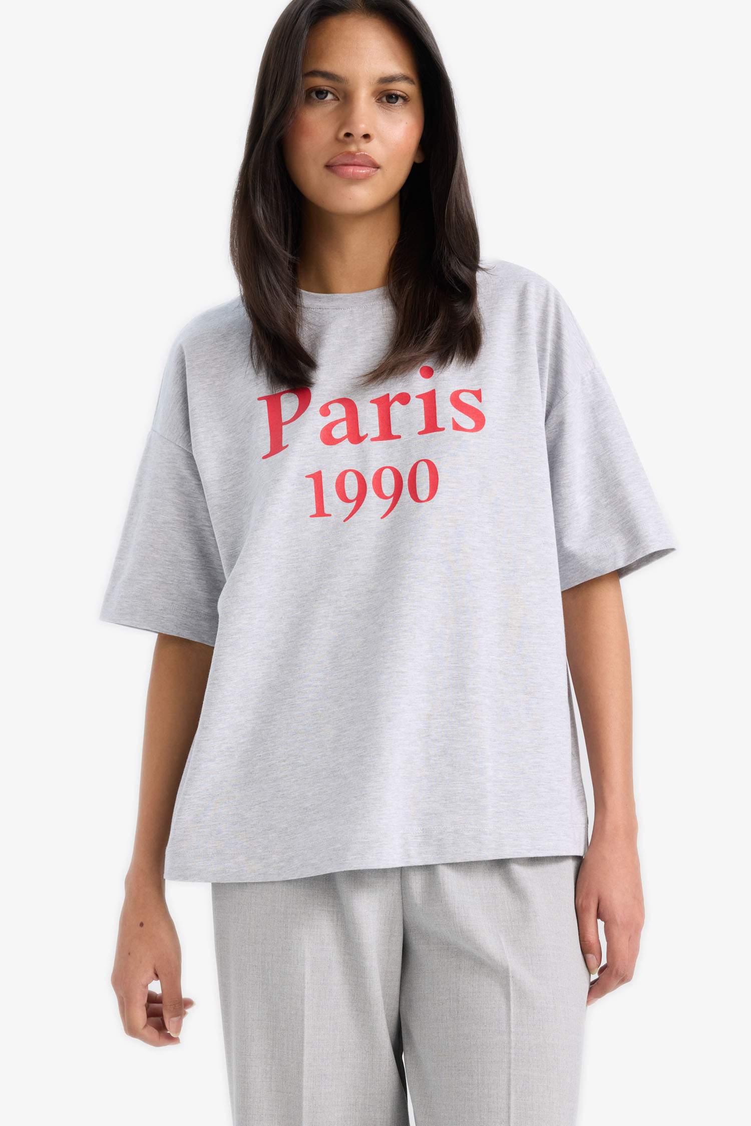 Oversize Fit Crew Neck Slogan Printed Cotton T-Shirt