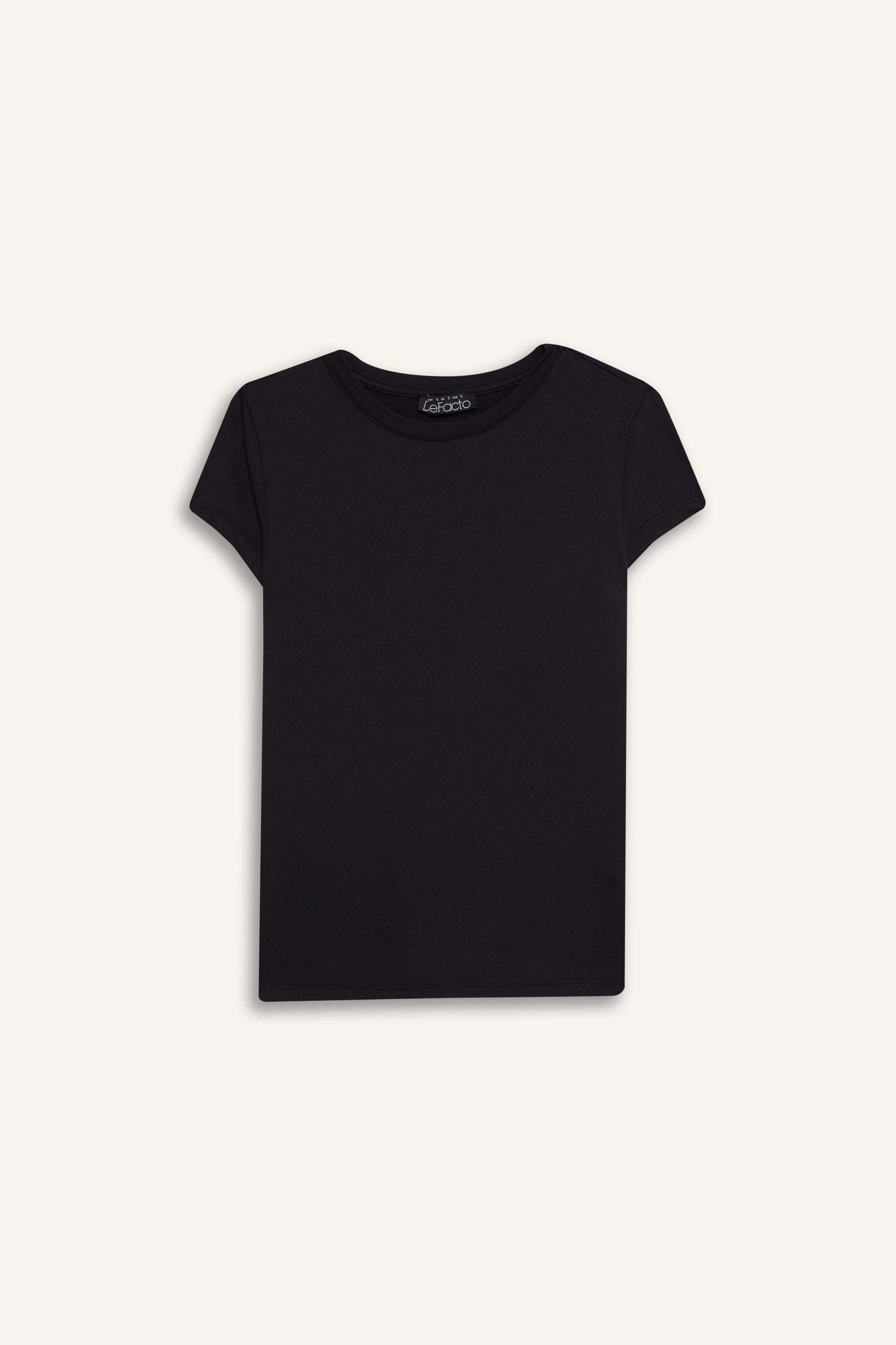 Fitted Bisiklet Yaka Basic Düz Kısa Kollu Siyah Tişört