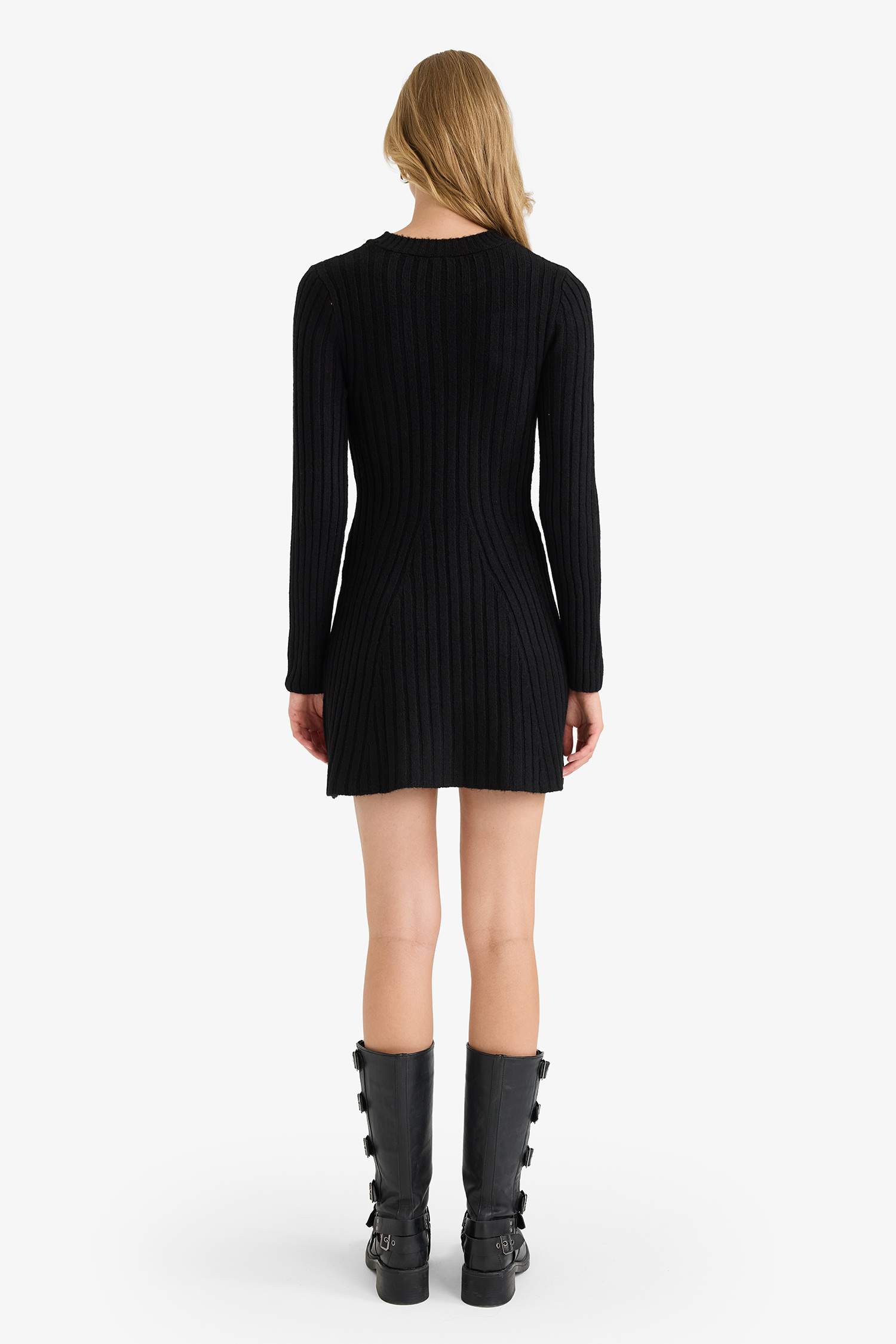 Bisiklet Yaka Ribana Uzun Kollu Mini Elbise