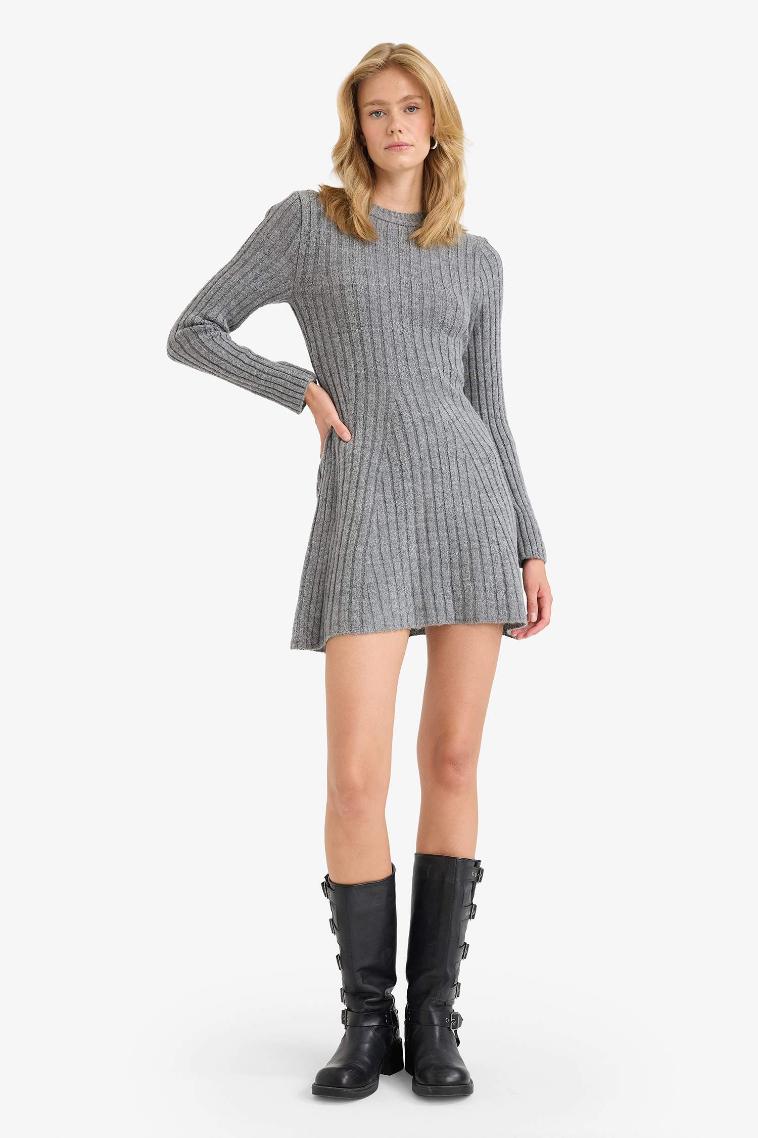 Crew Neck Ribbed Long Sleeve Mini Dress