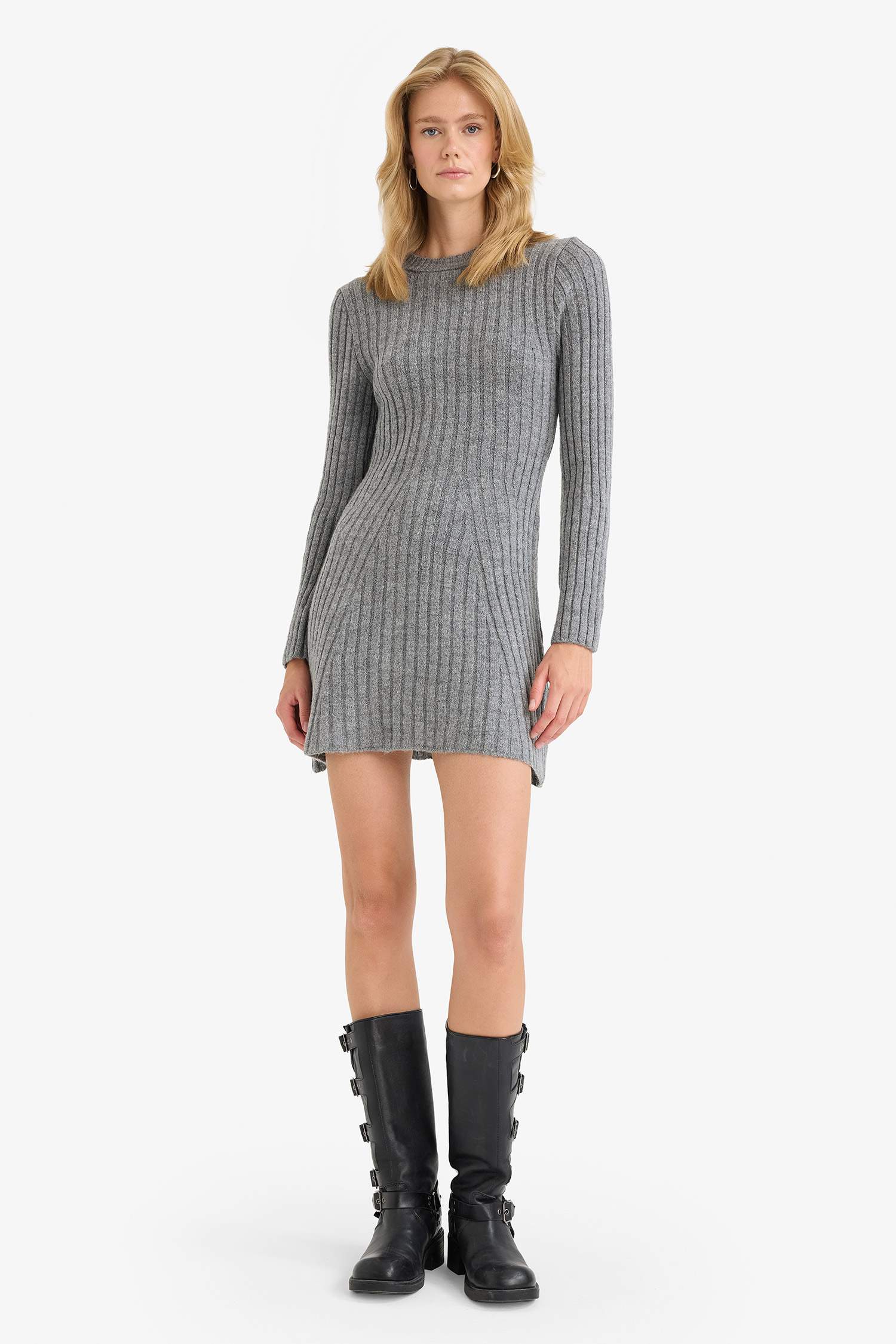 Crew Neck Ribbed Long Sleeve Mini Dress