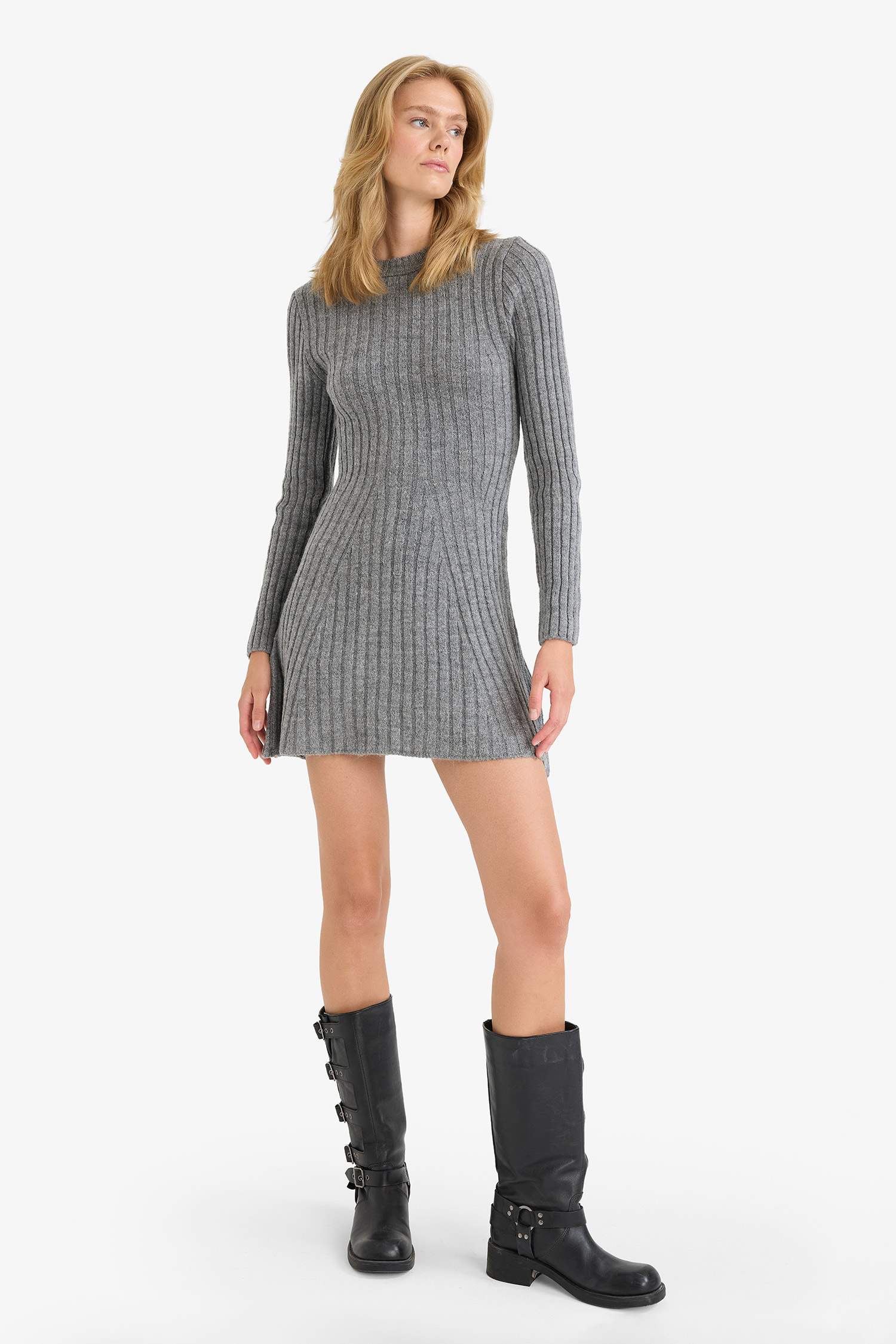 Crew Neck Ribbed Long Sleeve Mini Dress