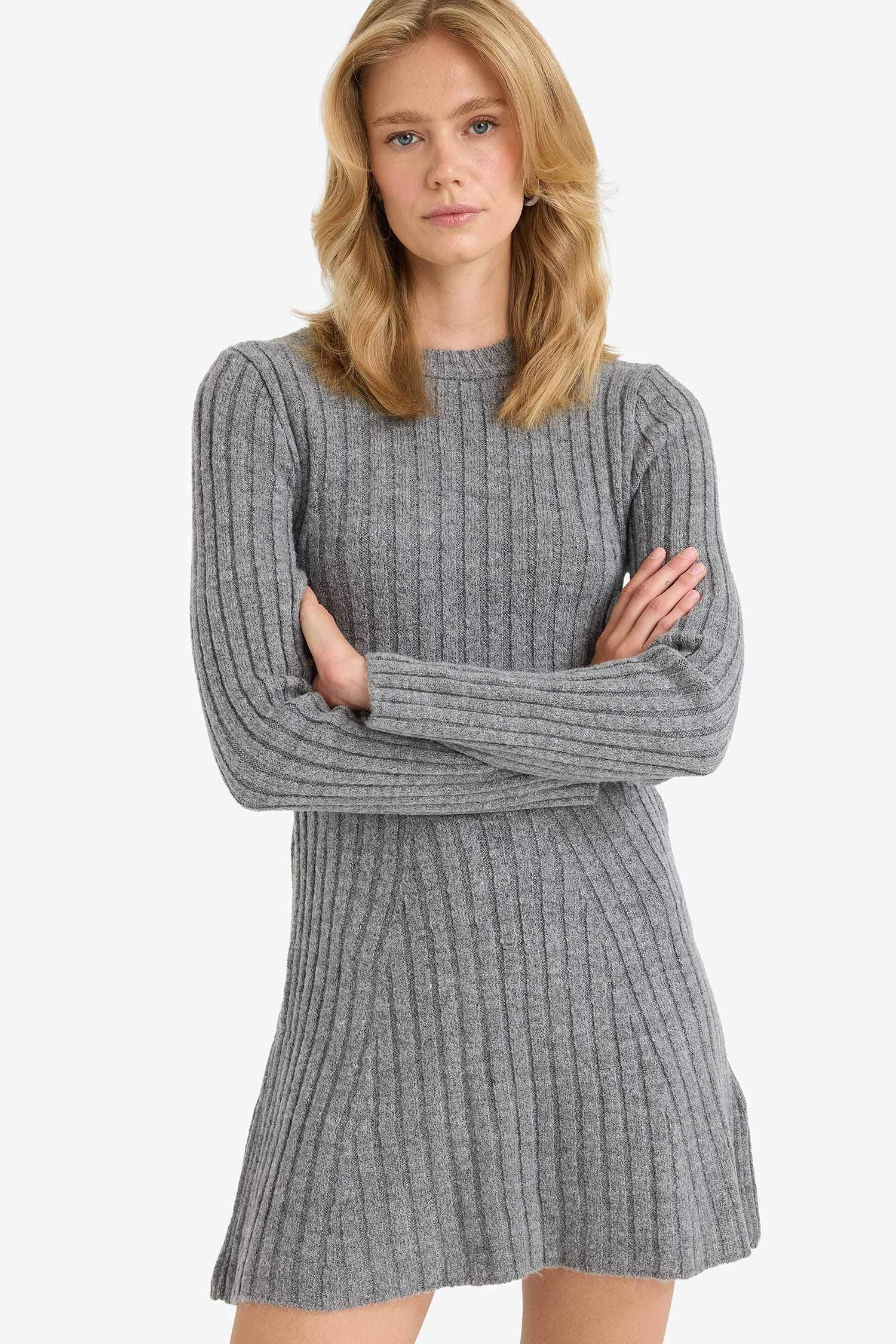 Crew Neck Ribbed Long Sleeve Mini Dress