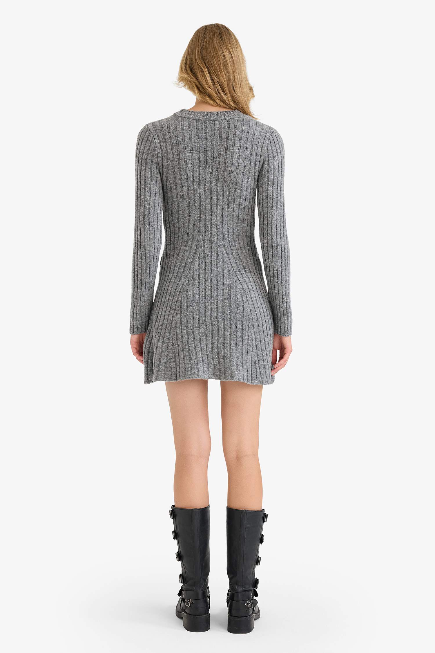 Crew Neck Ribbed Long Sleeve Mini Dress